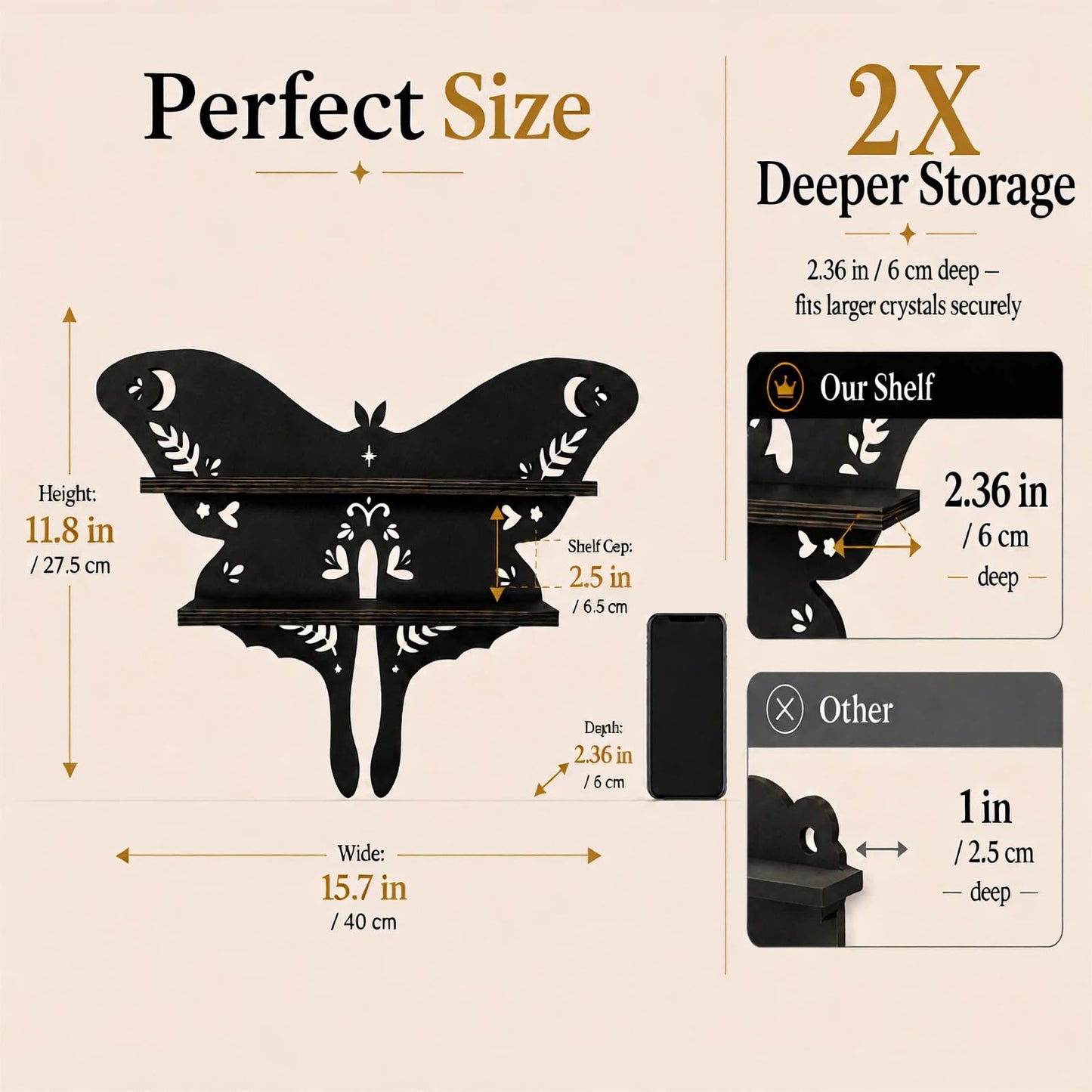 HBSGS Crystal Display Shelf Wall Gothic Shelves with LED Light, Luna Moth Theme, for Trinket, Crystal Rock, Gem, Healing Stone, Essential Oil (Moth-15.7 * 11.8inch/40 * 27.5cm)