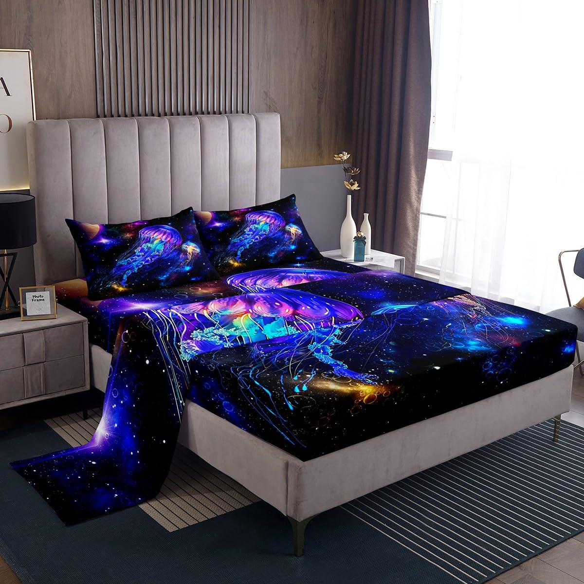 Castle Fairy Jellyfish Galaxy Bed Sheet Set King Size,Blue Nebula Spaceship Bedding Set(1 Fitted,1 Flat,2 Pillowcases),Universe Stars Planets Luxury Deep Pocket Fitted Sheet