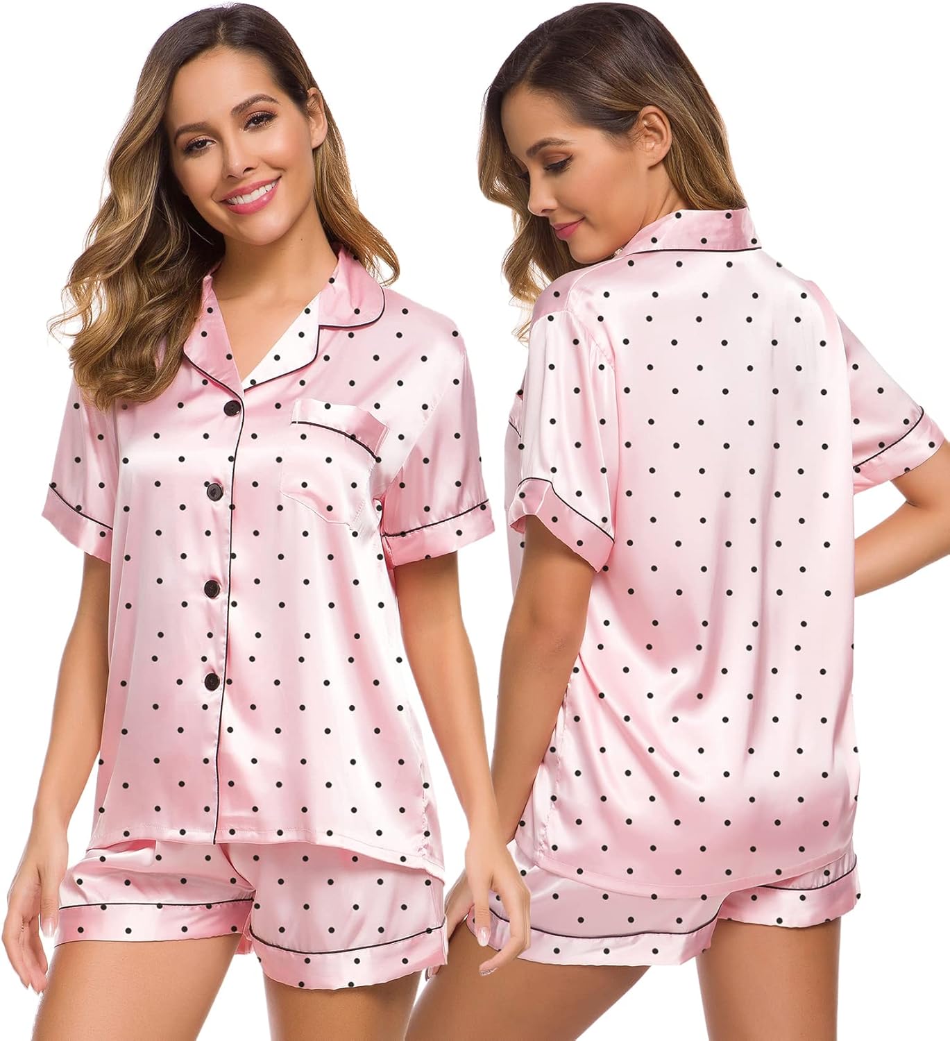 SWOMOG Womens Silk Satin Pajamas Set Short Sleeve Sleepwear Button Down Top and Shorts Loungewear 2 Piece Pjs Set XS-3XL