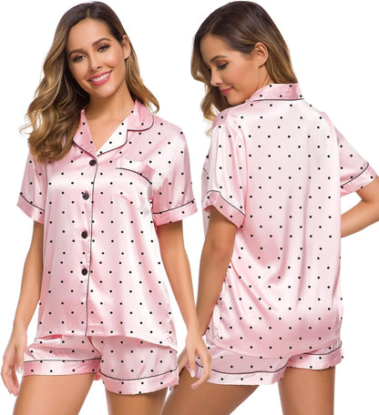 SWOMOG Womens Silk Satin Pajamas Set Short Sleeve Sleepwear Button Down Top and Shorts Loungewear 2 Piece Pjs Set XS-3XL