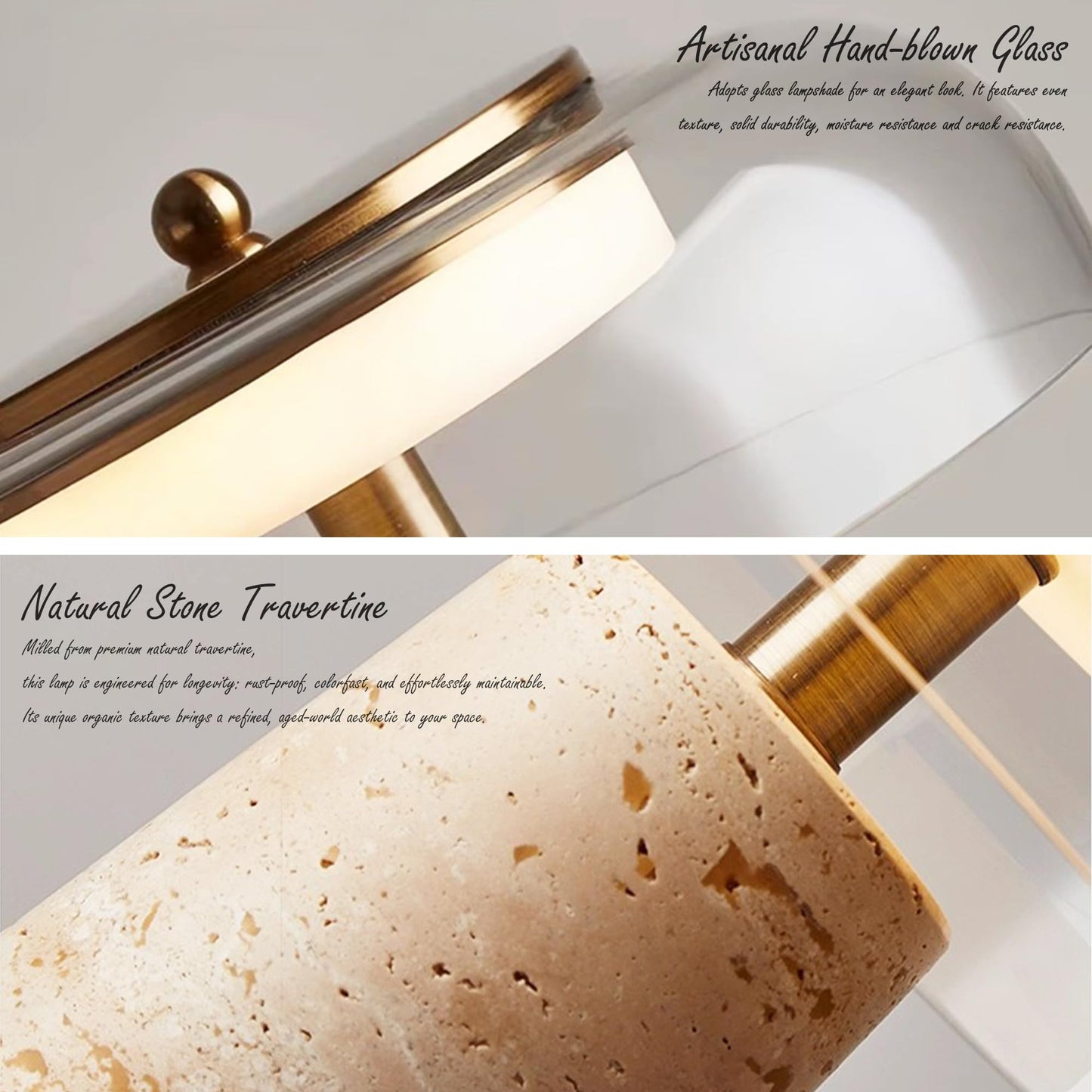 Travertine Lamp, Natural Stone Table Lamps with Glass Shade, 12W Mushroom Bedside Nightstand Light Decor for Bedroom Living Room Office Console Side Entryway Counter Gifts (Smoked Glass+Travertine)