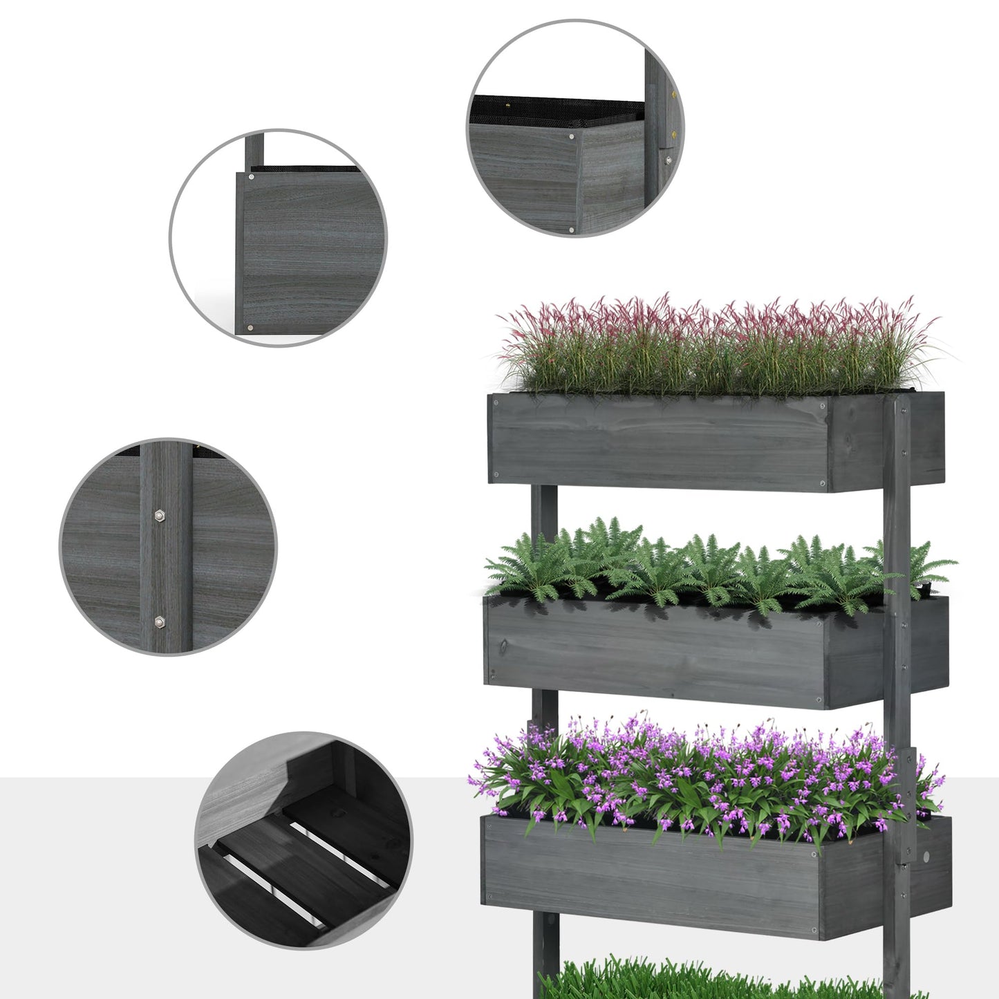 Outsunny Vertical 4 Tier Raised Garden Bed, Wooden Planter Box, Self-Draining with Bed Liner for Indoor Outdoor Flowers, Vegetables and Herbs, Gray
