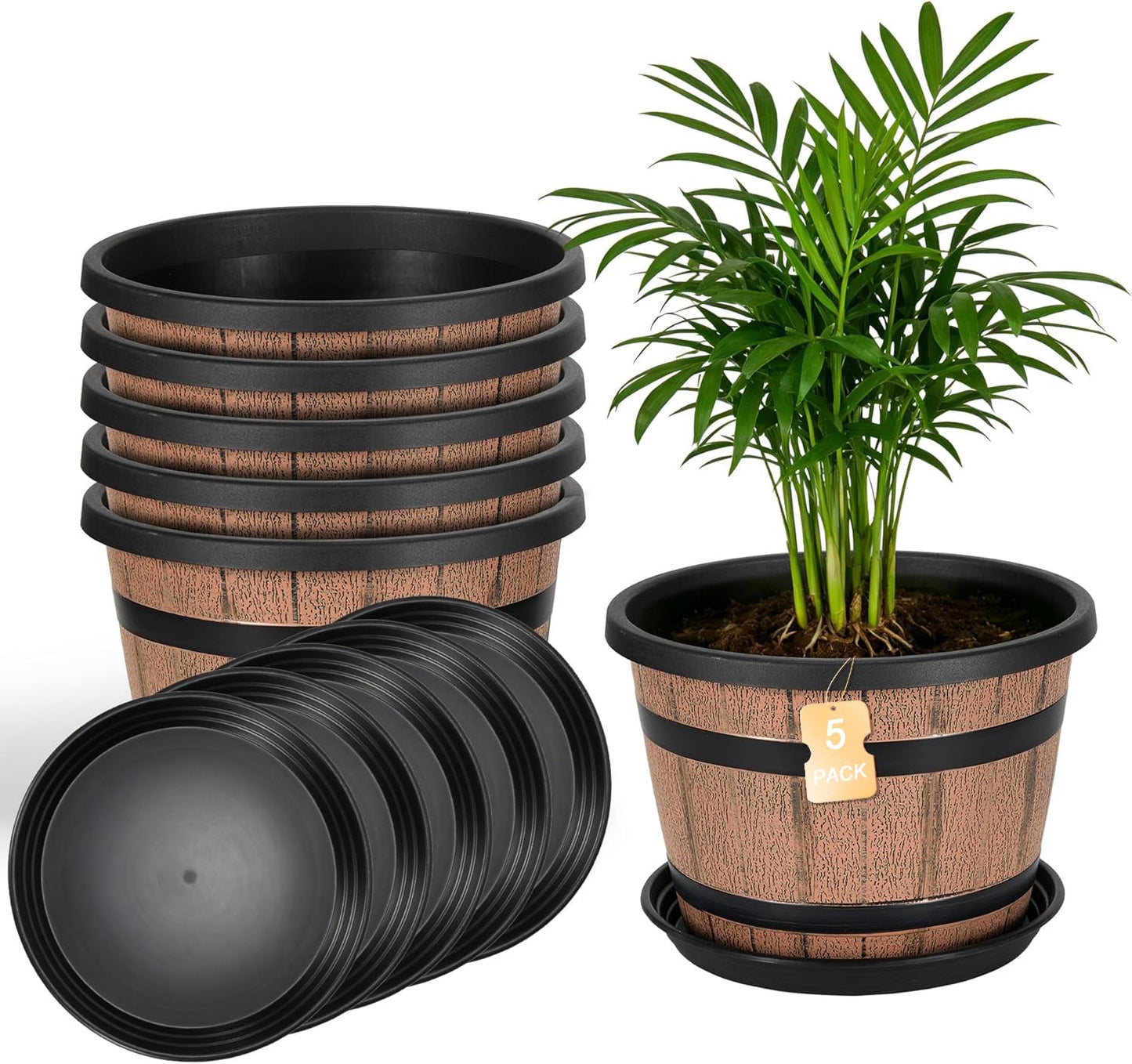 WEICHENGXING 12 Inch Whiskey Barrel Planters with Drainage Holes & Saucer, 5 Pack Plastic Plant Pots with Wine Barrel Design, Flower Pots for Indoor Outdoor Balcony