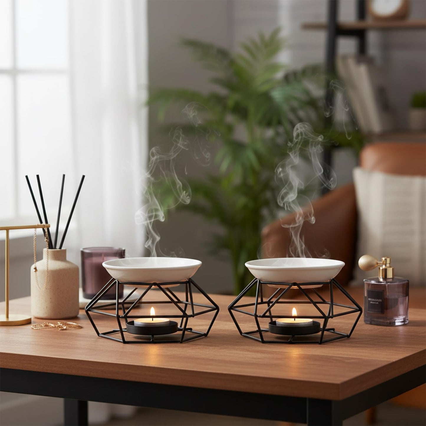 4 Pcs Black Metal Essential Oil Burner, Romantic Bird Nest Style Tealight Wax Warmer with Oil Plates, Iron Candle Holder Aroma Diffuser for Home Wedding Office Decoration