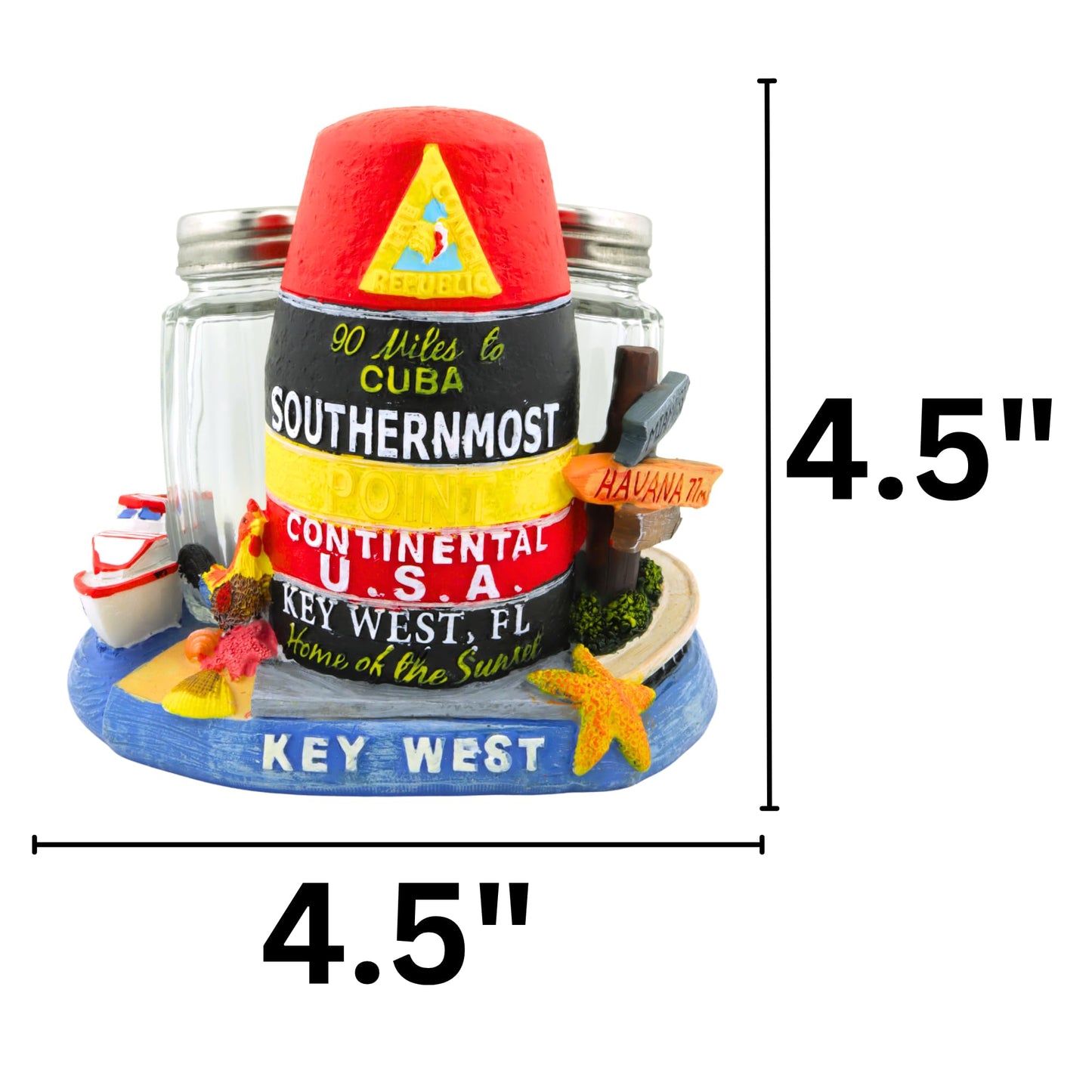 Key West Collage Salt and Pepper Shaker Holder Set with Glass Shakers, Tabletop Accessory for Kitchen, 4.5 Inches