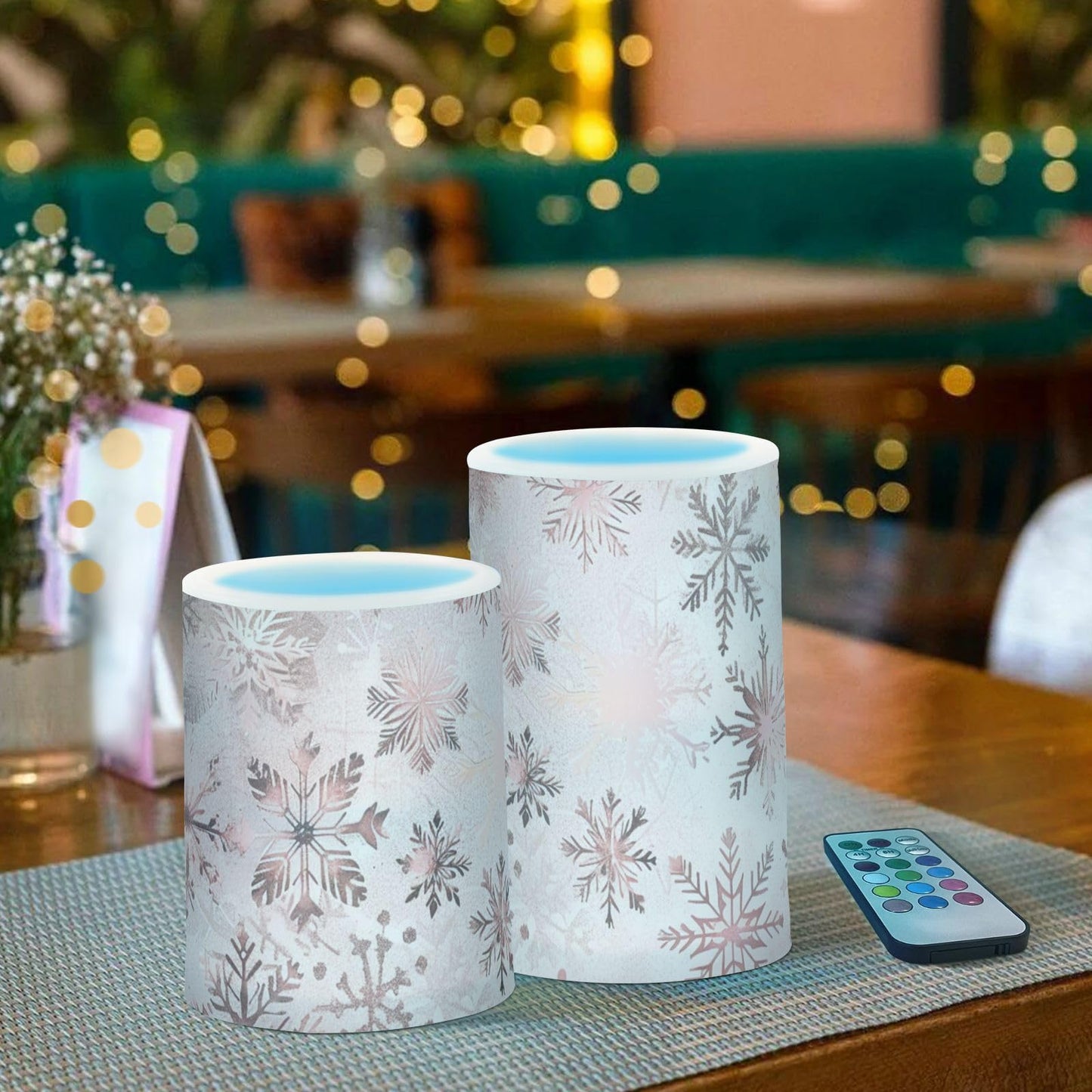 senya Christmas Lights Flameless Candles Seamless Pattern Rose Gold Snowflakes Pillar Candles Set of 2 Battery Operated Remote Control Warm Lights Home Decor