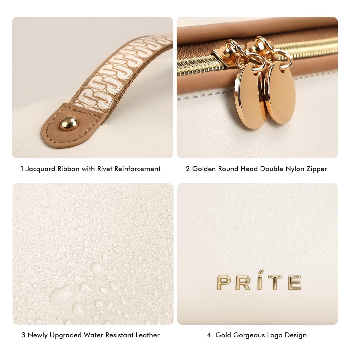 Prite Large Capacity Makeup Bag Portable Travel Cosmetic Bag Waterproof Toiletry Case with Clear Divider and Handle (Beige)