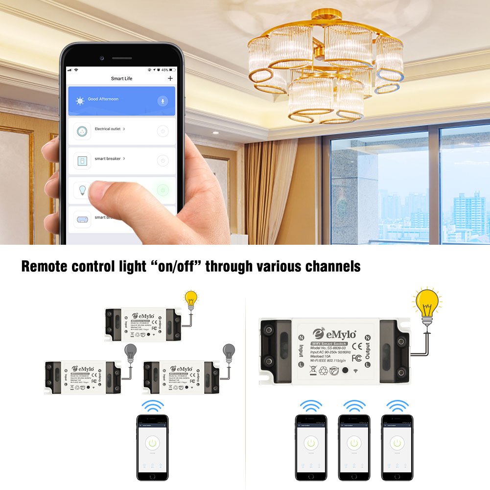 WiFi Switch, Tuya Smart Relay Wireless Remote Control Light Switch Voice Control Outlet Timer Compatible with Alexa and Google Assistant 90-250V One Channel, 3 Pack