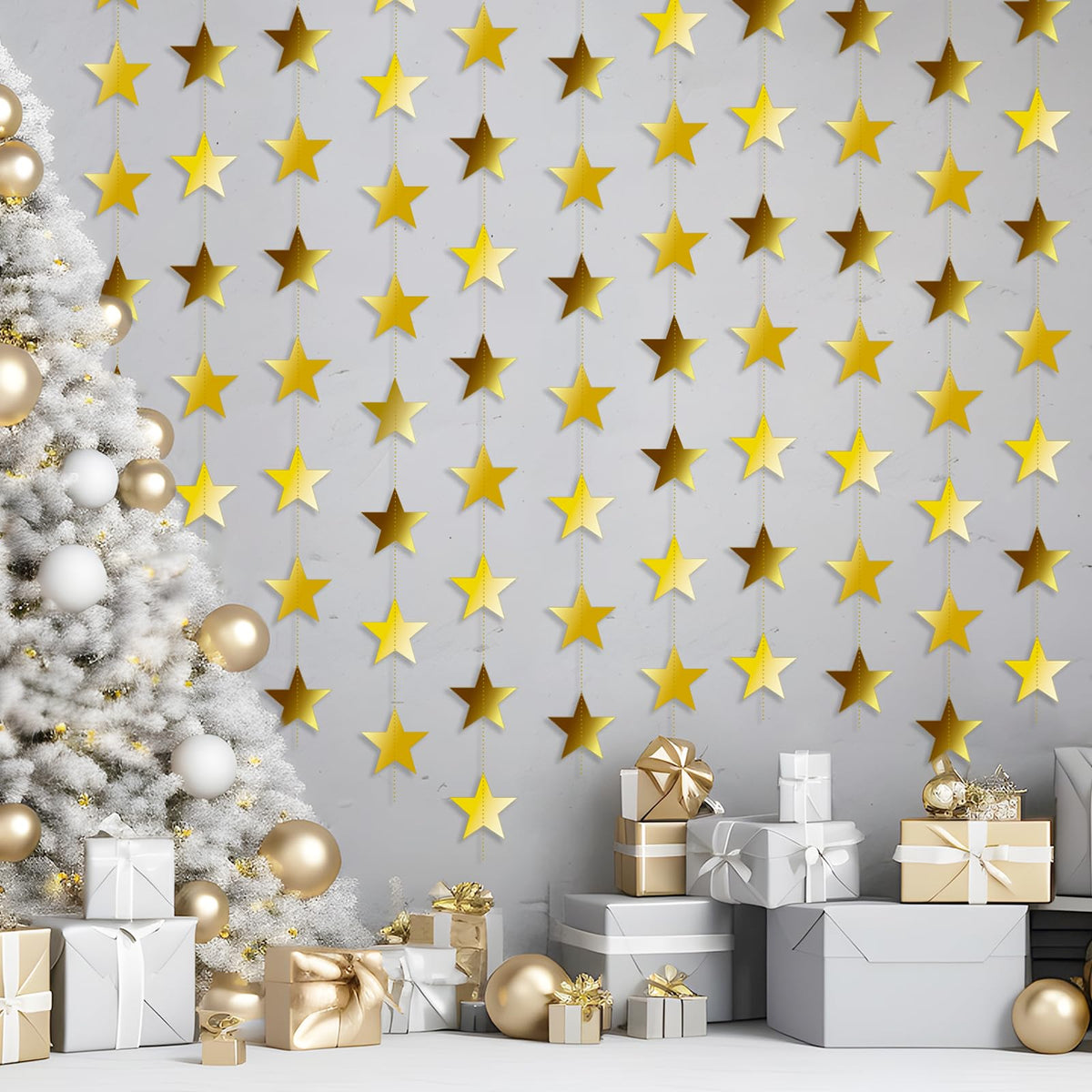 YUQILIN 158 Feet 12 PCS Glitter Gold Star Garland Banner Decoration, Reflective Sparkle Little Star Paper Hanging Decor Double Side Star Streamer Bunting for Party Wedding Christmas Birthday Festival