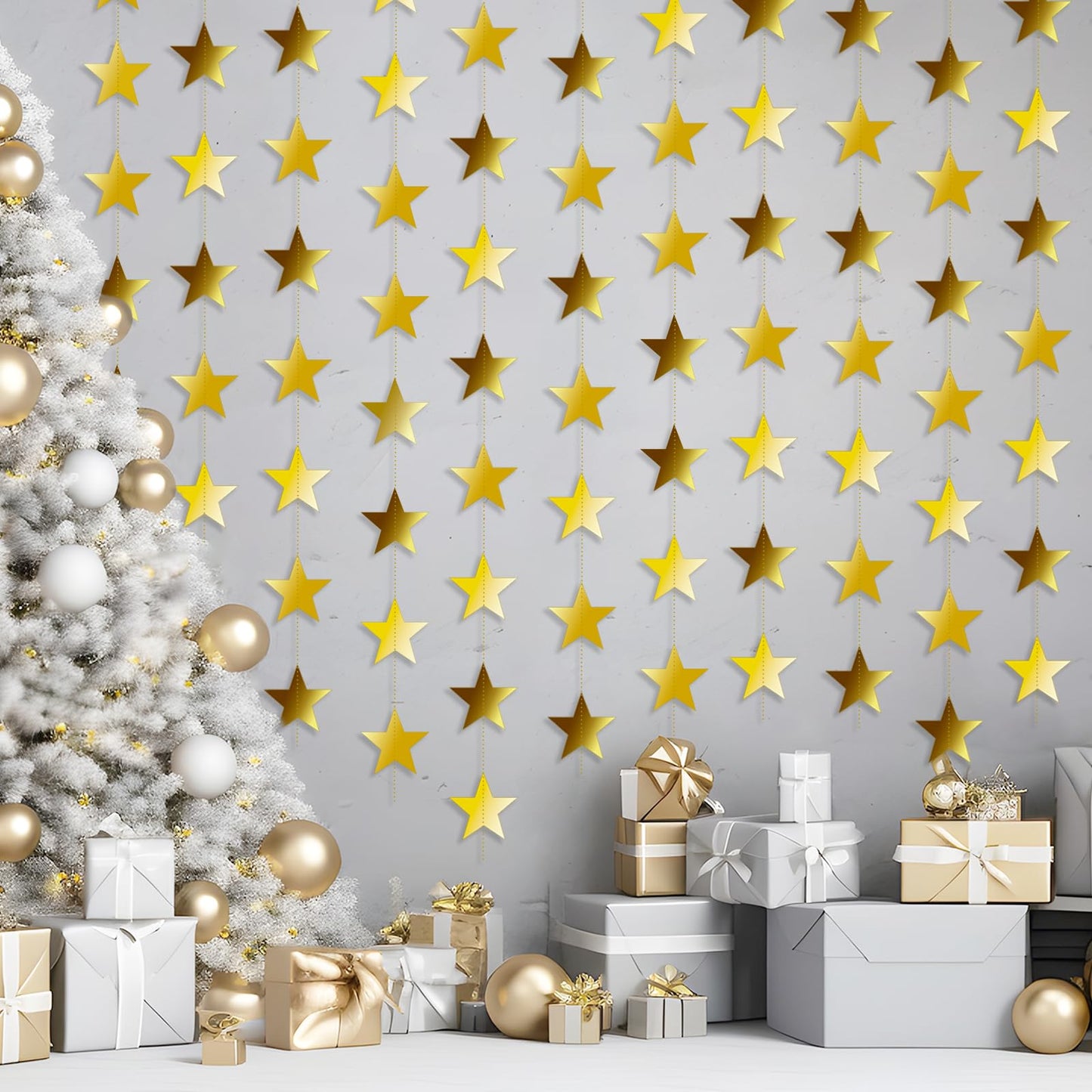 YUQILIN 158 Feet 12 PCS Glitter Gold Star Garland Banner Decoration, Reflective Sparkle Little Star Paper Hanging Decor Double Side Star Streamer Bunting for Party Wedding Christmas Birthday Festival