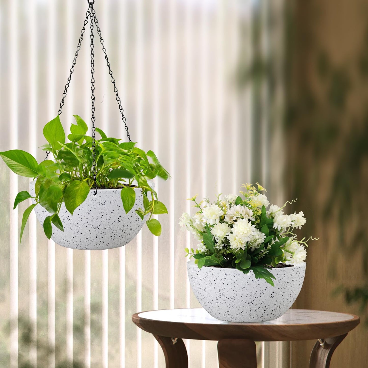 Meowell 8 inch Hanging Planters for Small Indoor Outdoor Plants, 2 Pack Hanging Flower Pots with Drainage Holes and Chain for Garden Porch, Plastic Hanging Baskets for House Plants, Speckled White