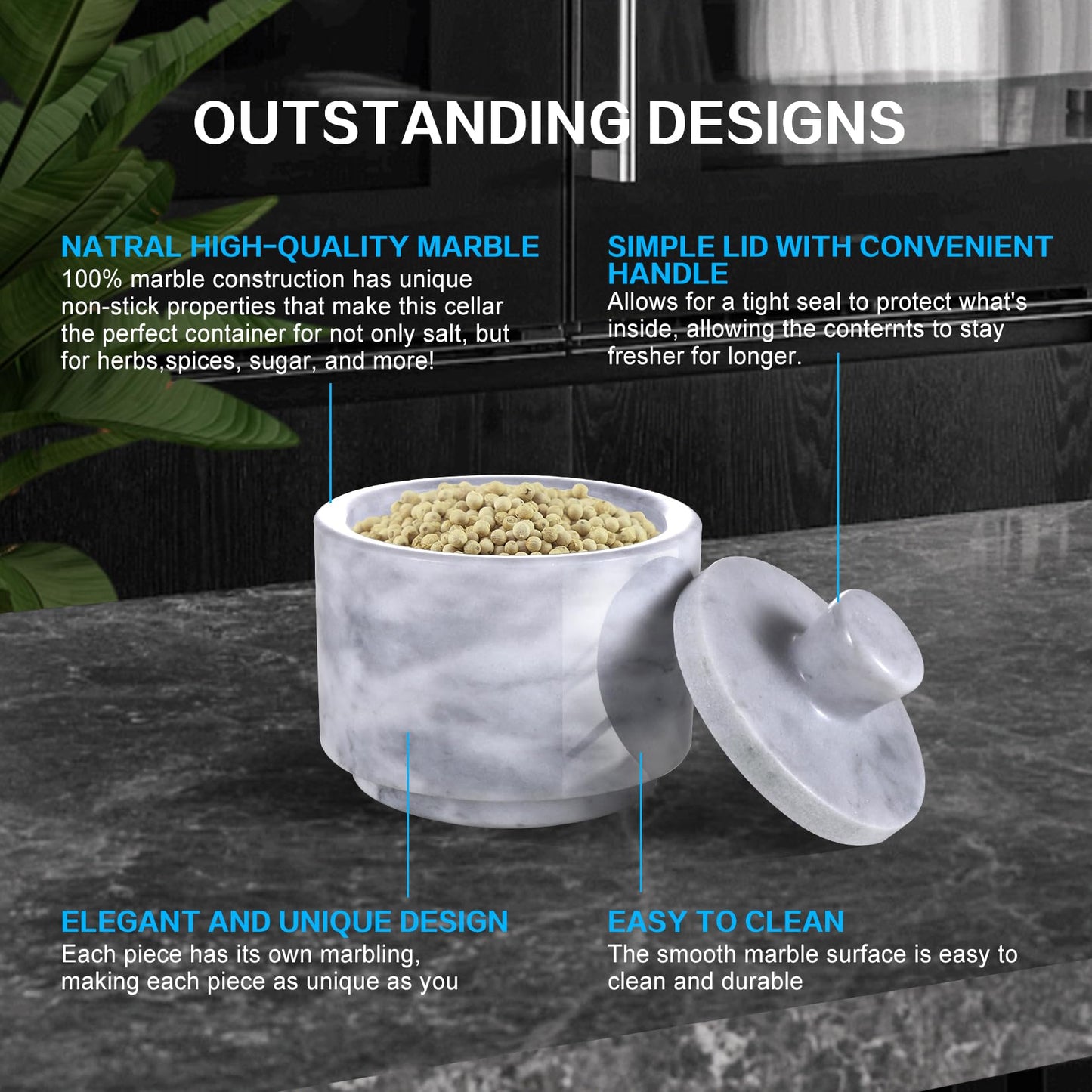 RingsTown 2PCS Natural Marble salt holder with lid, 3.2 in, Unique Veining, Airtight Seal for Salt & Pepper, Ideal for Spice Racks & Countertops(Black & White)