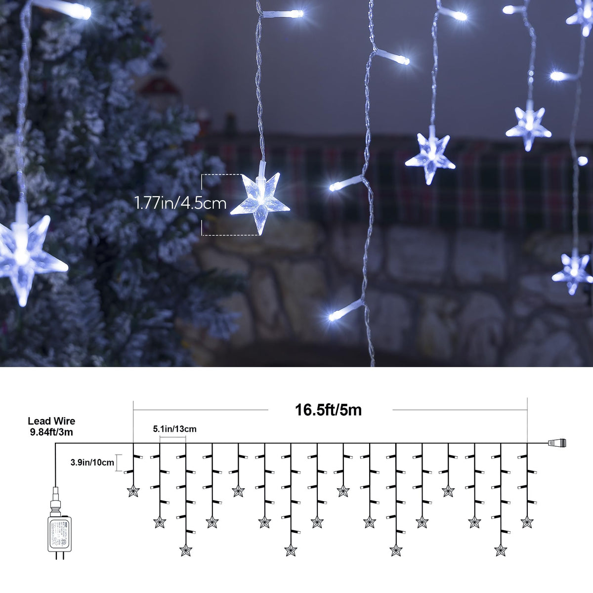 oopswow 16.5FT 200 LED Icicle Lights Outdoor, White Icicle Curtain Light,40 Drops 8 Modes with Timer Star Light,Hanging String Lights for Backdrop,Wedding,Party, Holiday,Xmas Decor,White