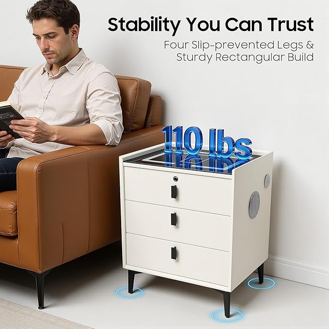 Smart Nightstand with Wireless Charging & Fingerprint Lock, 3-Drawer Bluetooth