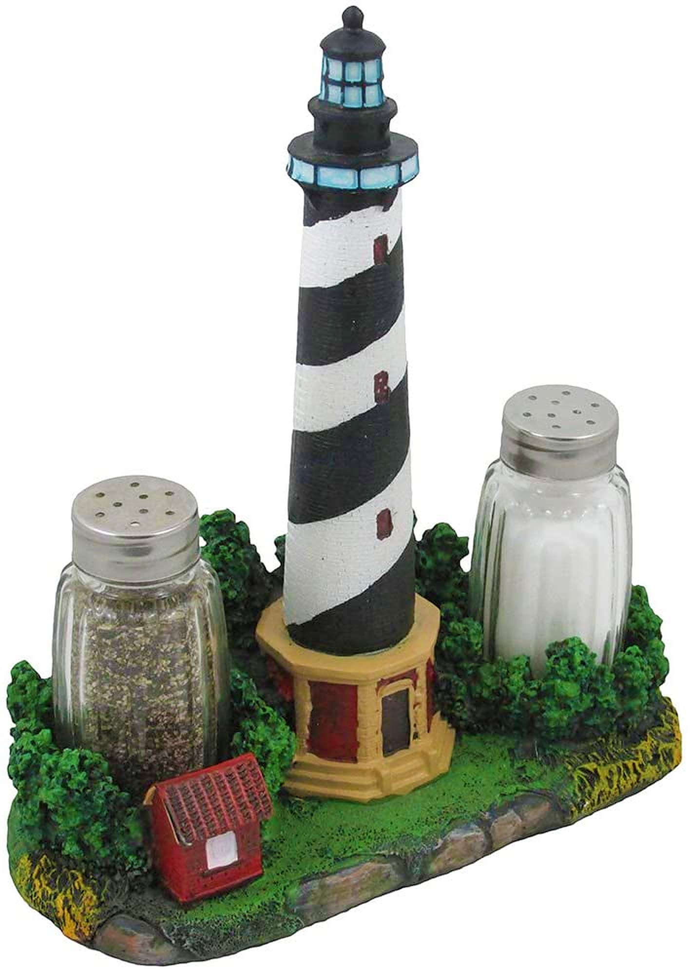 Nautical Cape Hatteras Lighthouse Glass Salt and Pepper Shaker Set Figurine with Holder in Decorative Kitchen Decor Sculptures and Collectible Coastal Gifts