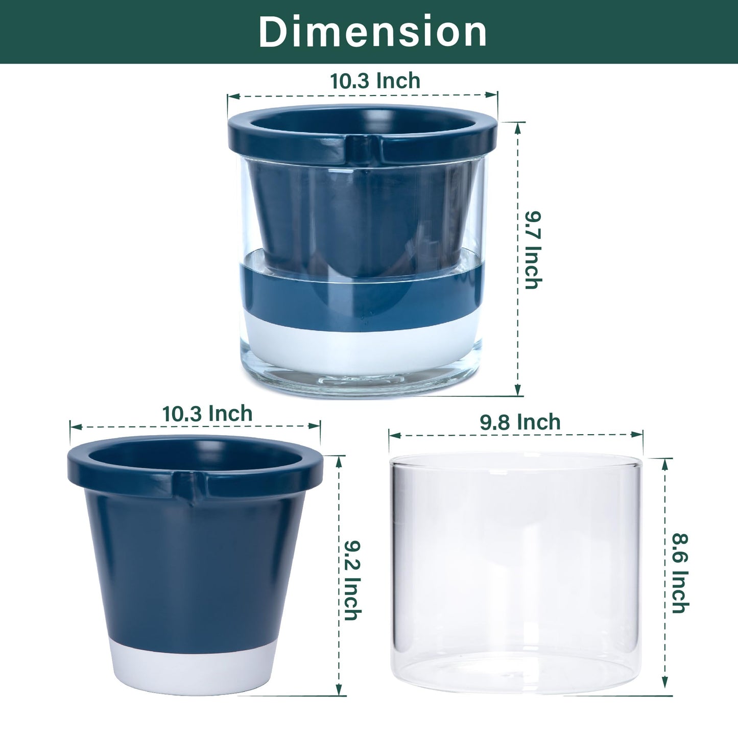 D'vine Dev 10 Inch Design Self Watering Planter for Indoor Plants, Blue Terracotta Pot with Cylinder Glass Cup, 37-X-D-4