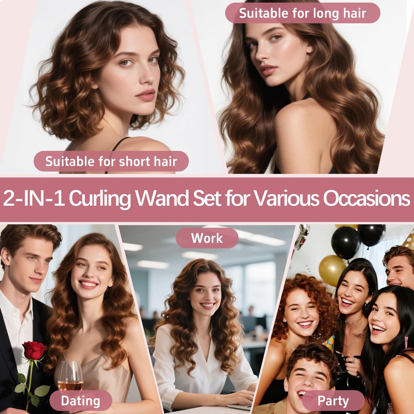 3 in 1 Curling Iron, Curling Wand Set with 3 Interchangable Ceramic Beach Waves Wands(0.75"-1.25"), Dual Voltage 30s Fast Heating with Heat Resistant Glove & 2 Clip for Long/Short All Hairstyle