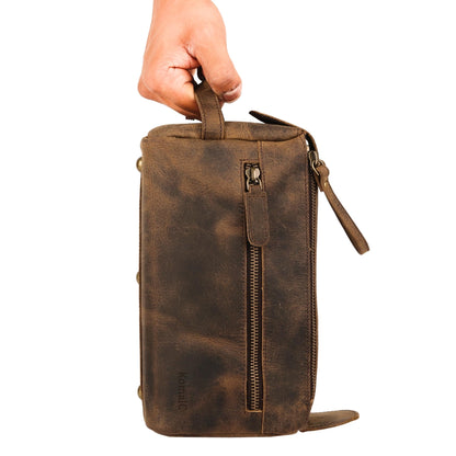KomalC Premium Buffalo Leather Unisex Toiletry Bag Travel Dopp Kit (Distressed Tan)
