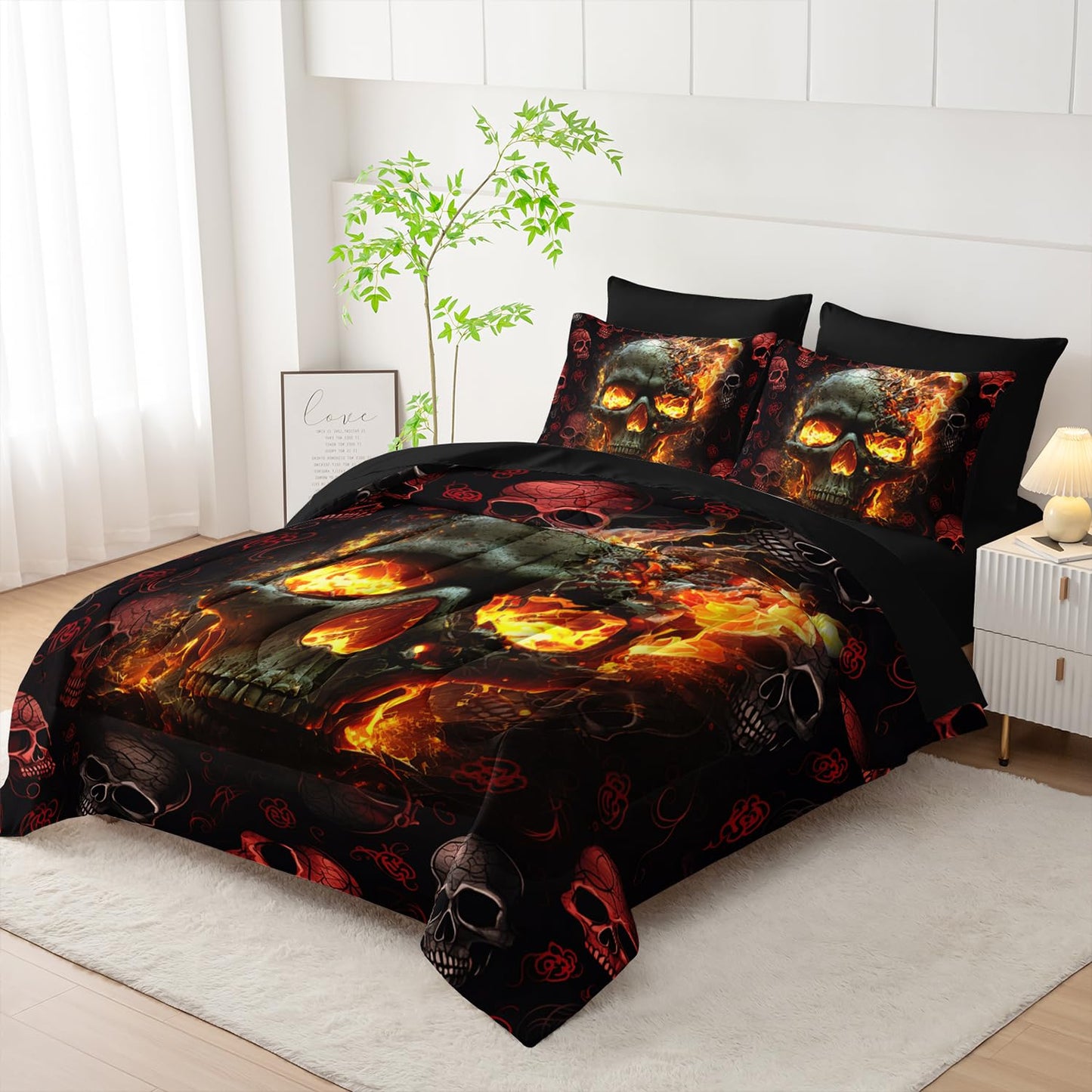 AILONEN 7-Piece Fire Skull Comforter Sets Full Size,3D Skeleton Bedding Set for Kids Boys Teens,Fiery Style Black Tint Comforter & Fitted Sheet with Flat Sheet & 2 Pillowcases,2 Pillow Shams