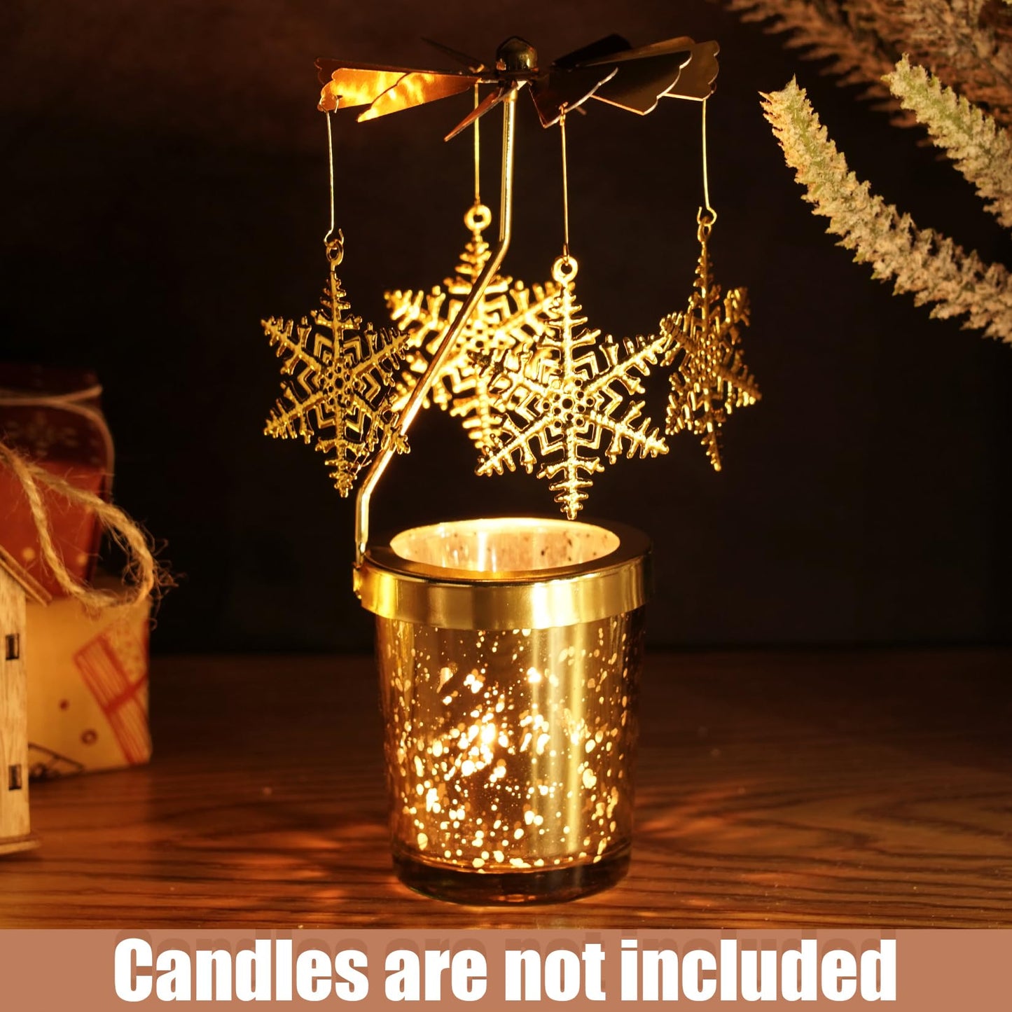 Rotating Candlestick Spinning Tea Light Candle Holder Gold Glasses Rotary Tealight Holders Christmas Anniversary Birthday Party Table Centerpieces Revolving Decoration (Snowflake)