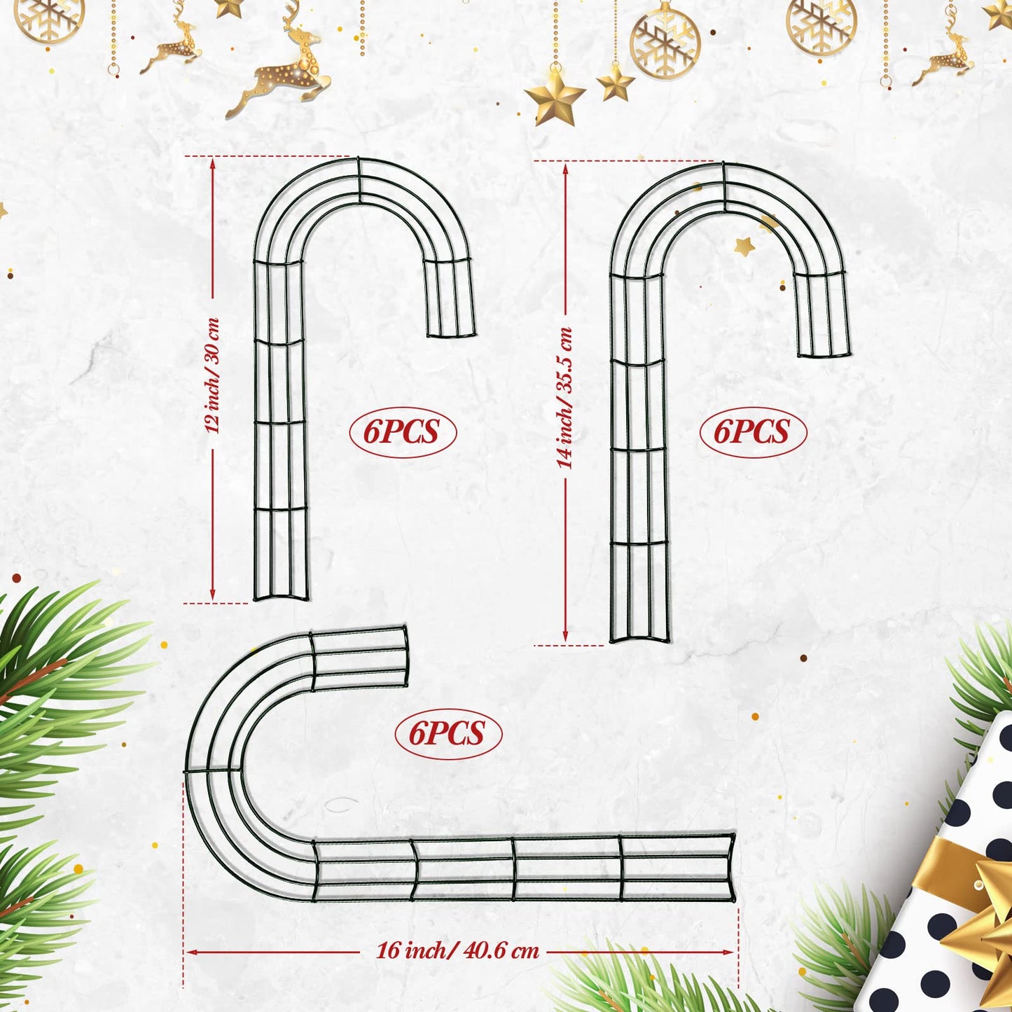 6 Pieces Christmas Candy Cane Shaped Wire Wreath Frame Holiday Metal Wire Flower Wreath J Letter Rings for DIY Christmas New Year Valentines Party Decoration (12 Inches)