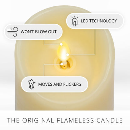 Luminara Realistic Flameless LED Set of 3 Ivory Pillar Candles, Home Safe Moving Flame Melted Top Illumination, Battery Operated Remote Control w/Timer