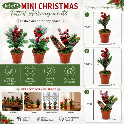 Christmas Tabletop Decorative Pots Set of 3 – Snow Flocked Pine Greenery with Red Berries & Pine Cones – Rustic Farmhouse Xmas Holiday Centerpiece Decor – 7.5 Inch Tall Winter Decorations for Home