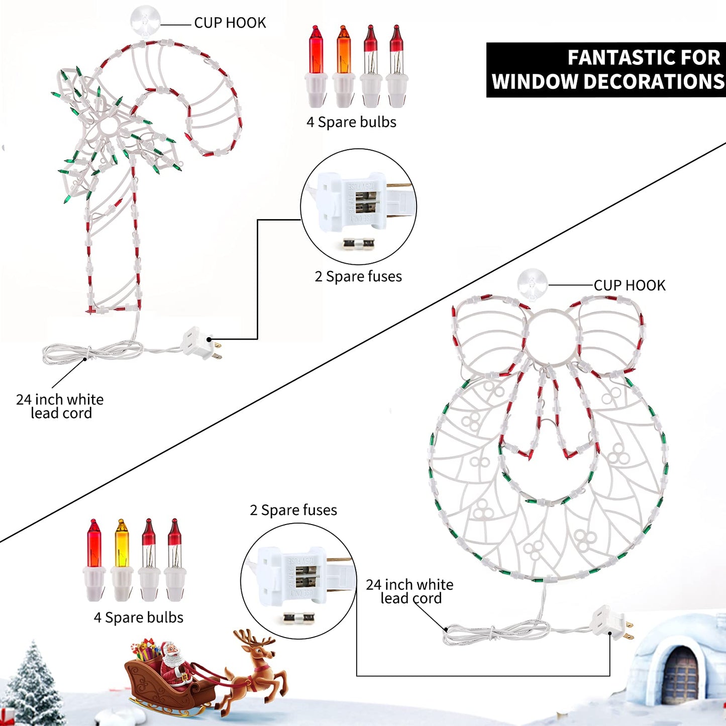 Christmas Window Silhouette Lights Decorations - Pack of 4 Sign Colour Lighted Wreath, Candy Cane, Bell, and Angel for Holiday Indoor Wall Door Glass Decor