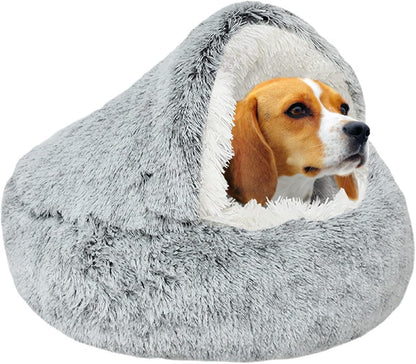 SUOXU Calming Cat Bed Small Dog Bed,Warm Cosy Soft Plush Winter Indoor Cat Cave Bed,Anti Slip Bottom Machine Washable Anti-Anxiety Hooded Pet Bed Sofa Bed for Puppy/Small Medium Large Cats(under 10kg)
