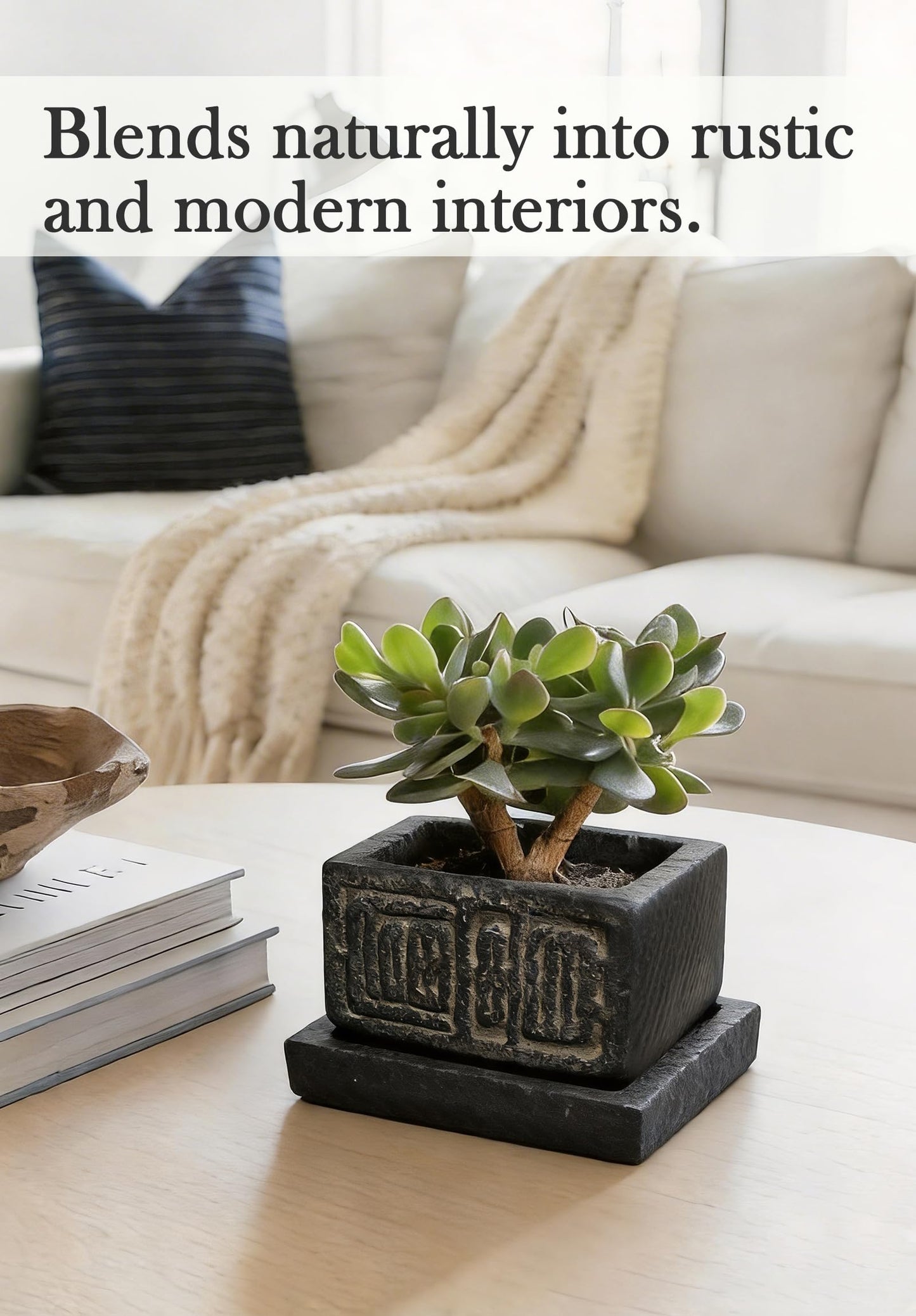 Txjyuyy Small Succulent Pots - Stone Square Plant Pot for Indoor Plants - Rustic Decorative Mini Planter for Desk, Cactus, Bonsai and Farmhouse Home Decor