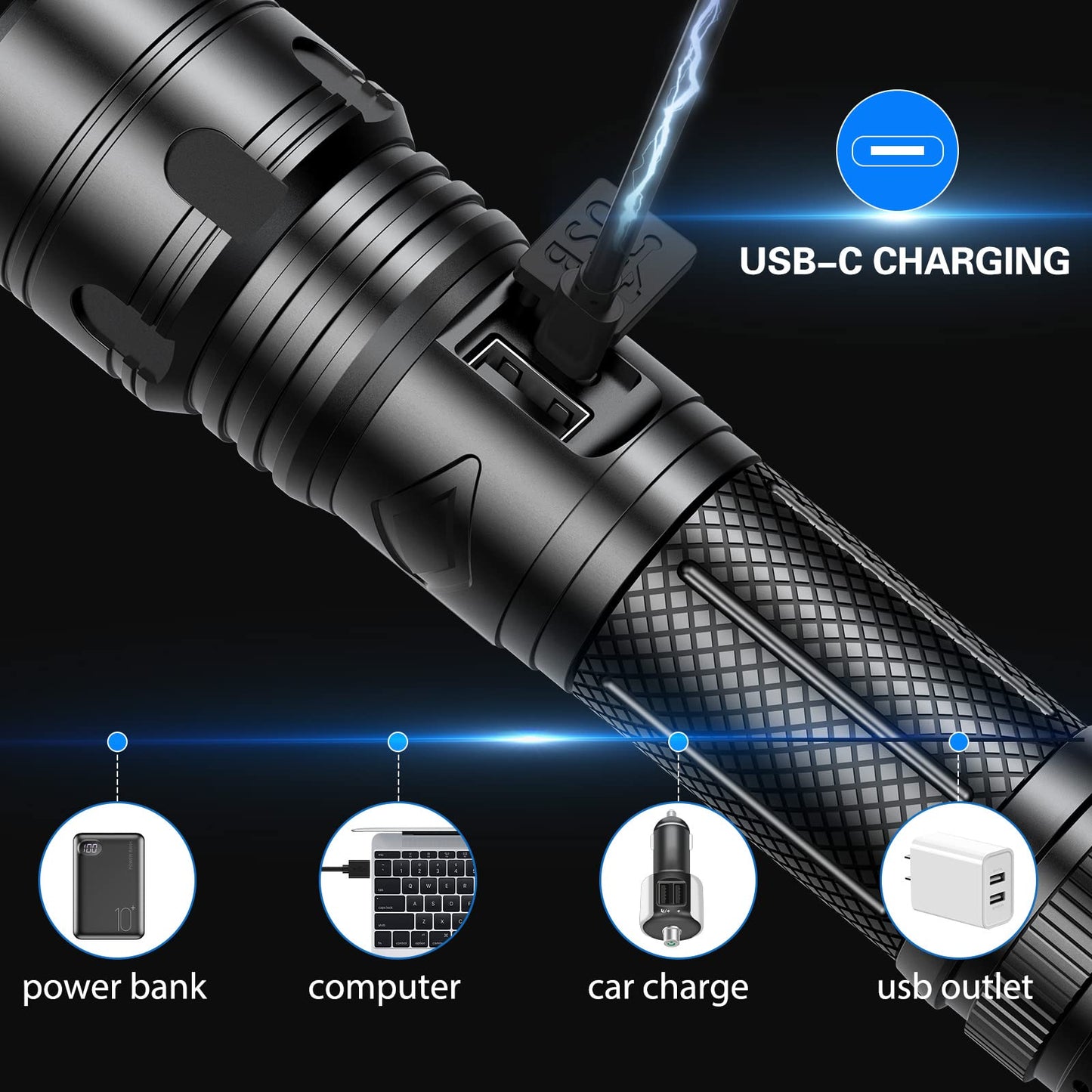 Shadowhawk Torches LED Super Bright, Rechargeable LED Torch P70 450000 Lumens Powerful Flashlight Rechargeable Battery Torch for Dog Walking Hiking Emergency Gift
