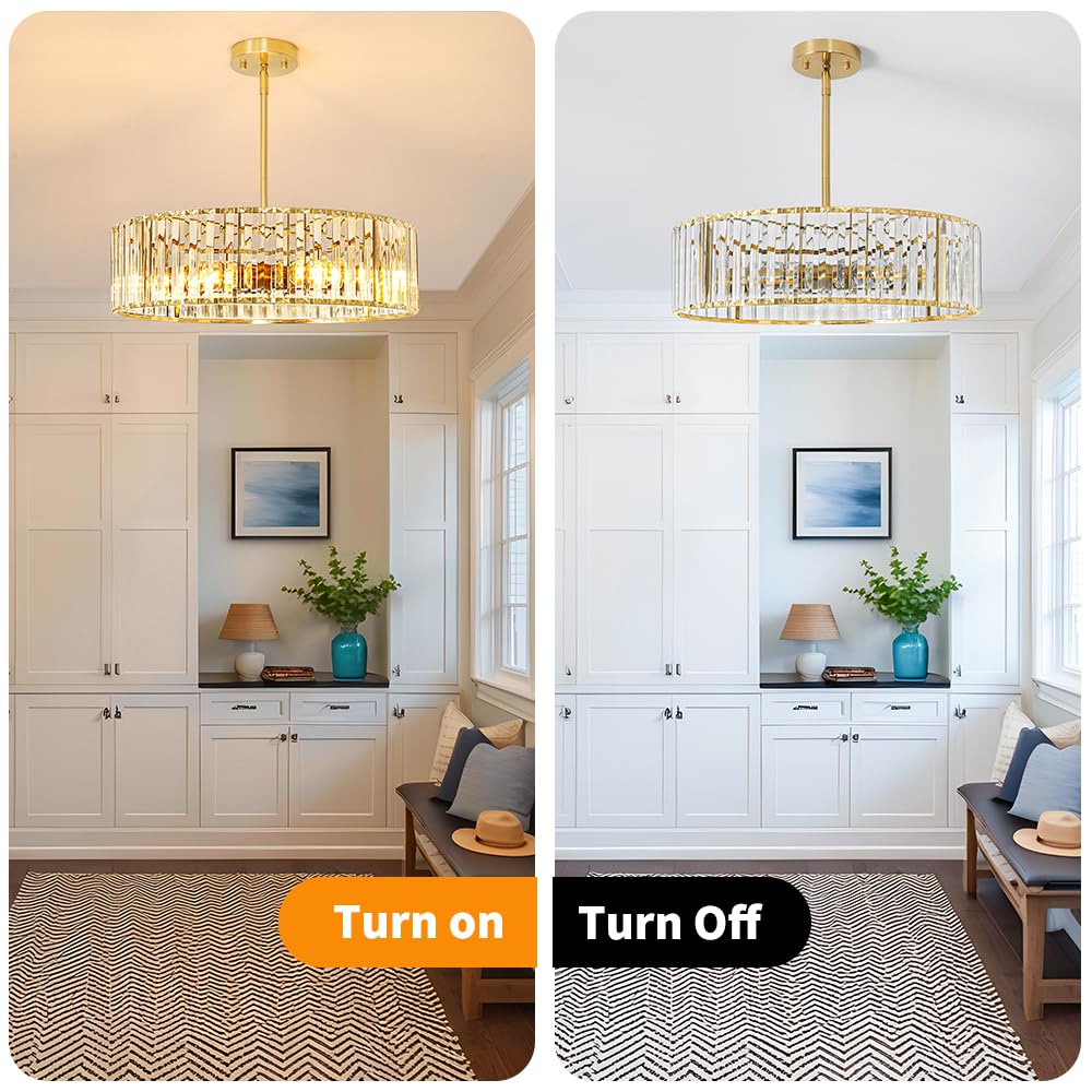 Gold Crystal Chandelier for Dining Room, 6-Light Modern Semi Flush Mount Ceiling Lighting Fixtures, Round Kitchen Fixtures Ceiling, Hanging Drum Pendant Lights for Living Room Bedroom Foyer, 19IN, E26