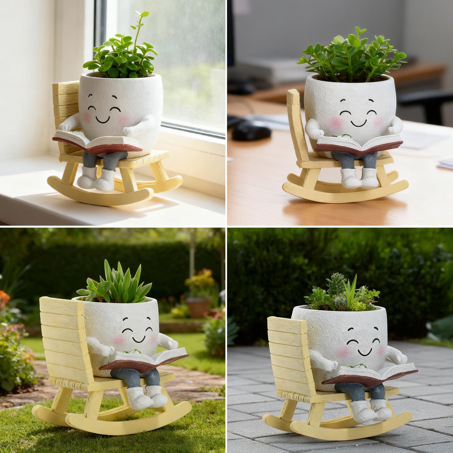 Smiley Face Planter Pot, Cute Resin Head Planter with Drainage Hole, Unique Rocking Chair Succulent Pot for Indoor Outdoor Plants, Funny Plant Lovers Gift for Mother's Day and Christmas (Side-Sitting)