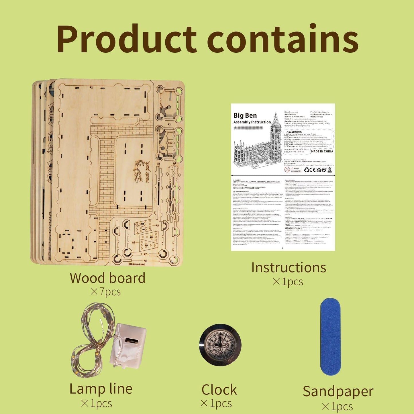Music Park 3D Wooden Puzzles Big Ben Mechanical Real Clock with Night Light DIY Model Building Kits for Adults to Build Ferris Wheel Hobbies and Birthday Valentine's Day Gifts Home Decoration