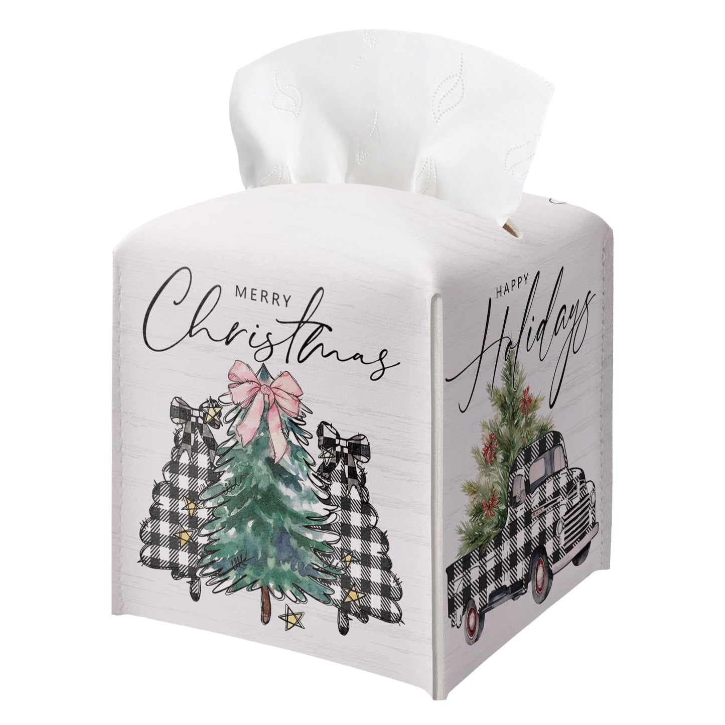 Christmas Box Cover Square, Buffalo Plaid Truck Trees Decorative Tissue Box Holder, Waterproof Leather Tissues Boxes Dispenser for Bathroom, Bedroom Nightstand, Office, Car Home Decor