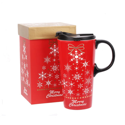 Topadorn Christmas Ceramic Mug Coffee Cup with Sealed Lid and Matched Gift Box Latte Mug 17oz(Snowflake)
