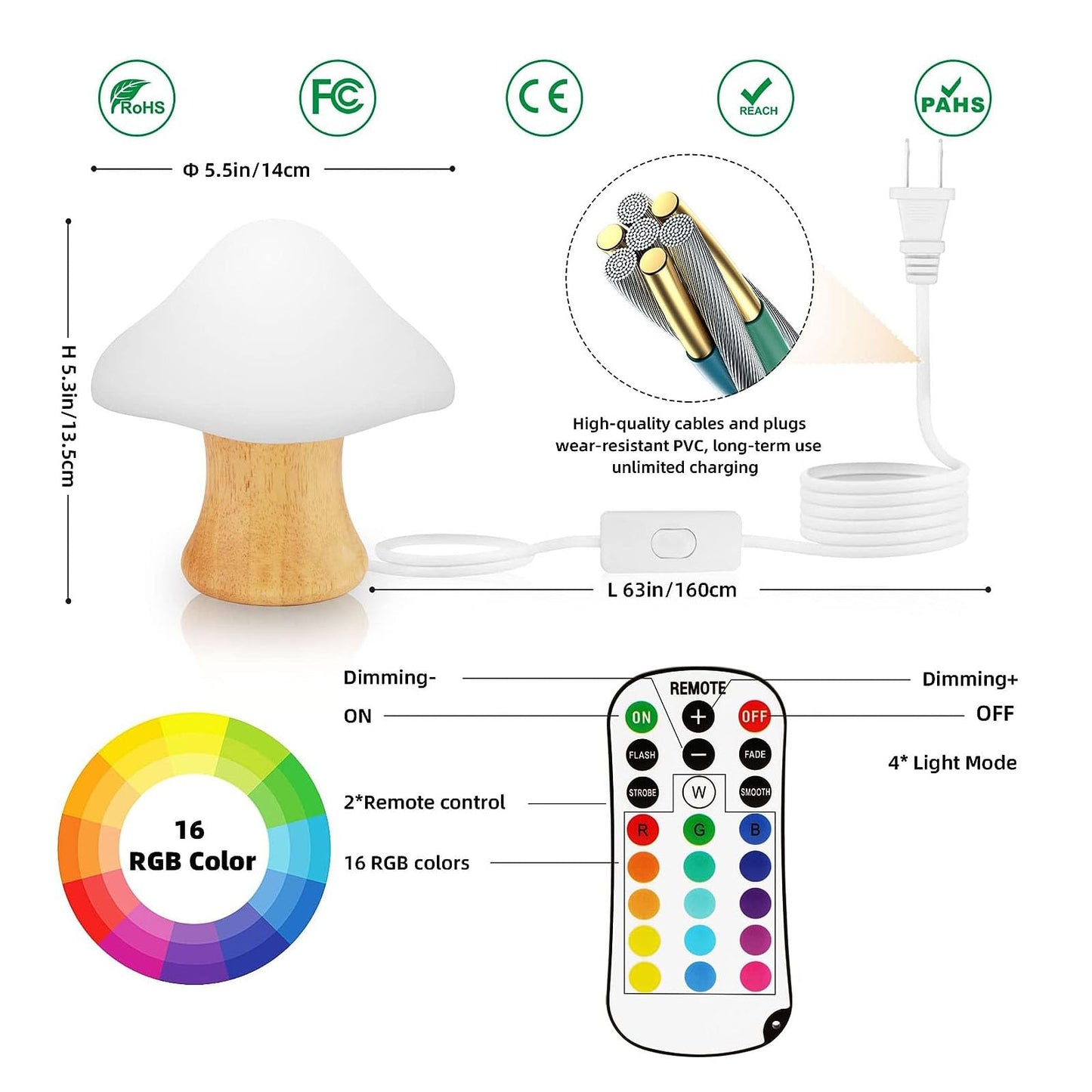 ANGTUO Wooden Mushroom Lamp, 16 Color Changing Mushroom Night Light with Two Remote Controls