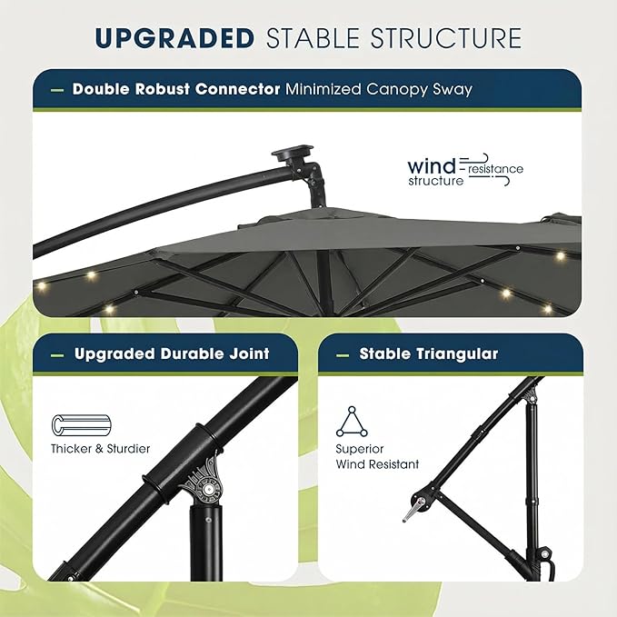 wikiwiki 10ft Solar LED Patio Umbrella with Base Included, Offset Umbrella with Weighted Sandbag Base, Cantilever Patio Umbrella for Backyard, Garden & Deck, 32 LED Lights & Polyester Shade, Dark Gray