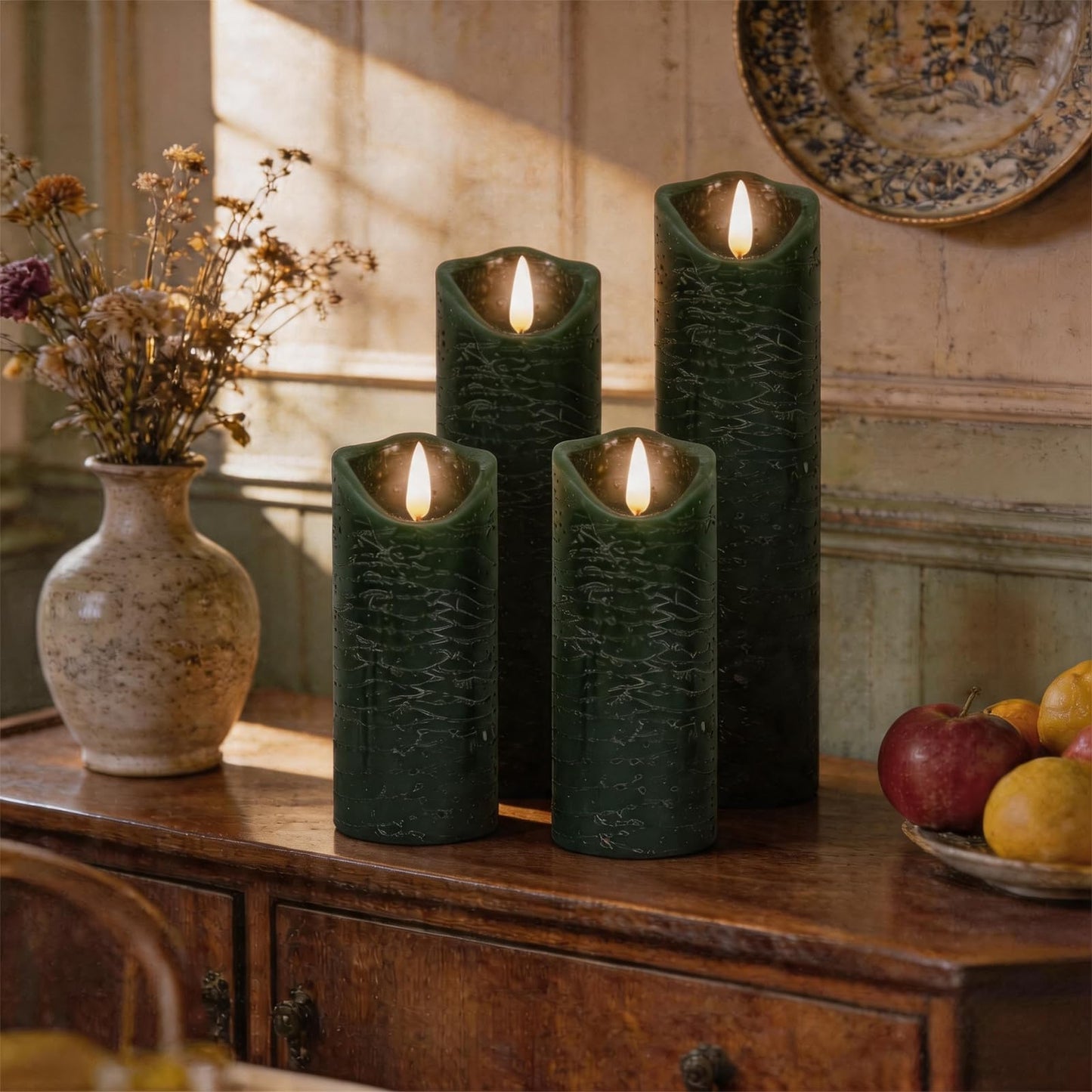 PinnWaa LED Candles with Timer Remote Control, Battery Operate Flameless Real Wax Flickering Wick Candle, Wedding Dinner Holiday Decor Candle, Halloween Christmas Gift LED Candles (5 Pack, Green)