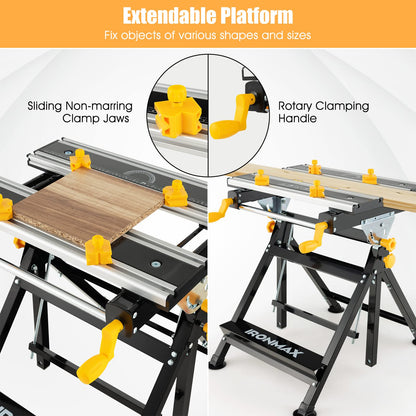 Toolsempire Portable Workbench, Folding Work Bench and Vise with 2 Rotary Handles, 7-Level Adjustable Height, 8 Sliding Clamps, Tiltable & Extendable Tabletop, Workbench Table for Garage, Workshop