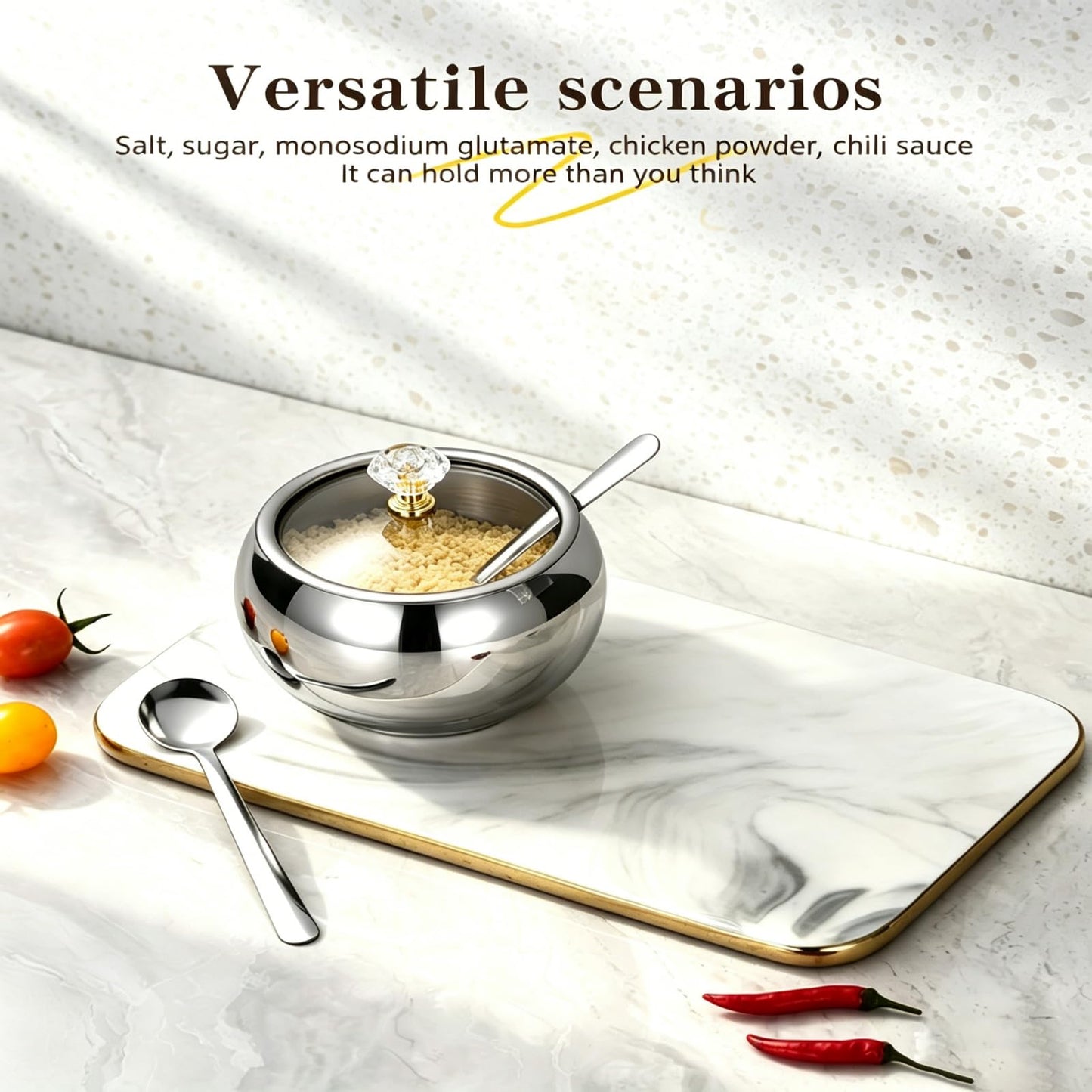 YMMDUVITA Stainless Steel Sugar Bowl with Lid & 2 Spoons, 500ml Container for Kitchen, Ideal for Storing Sugar, Coffee, and Spices