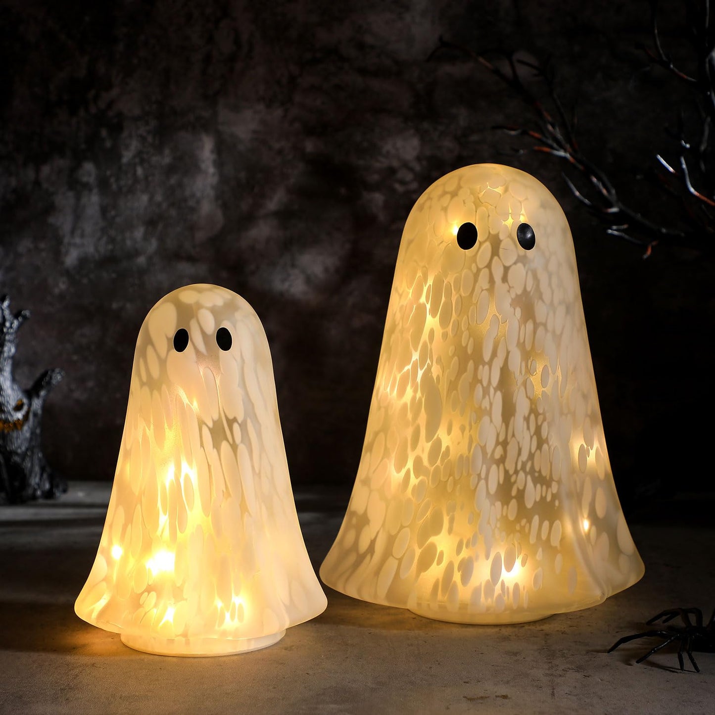 Flutesan 2 Pcs Halloween Confetti Ghost Glass Table Light Set, Cute Glass Ghost Light up for Home Halloween Party Tabletop Kitchen Counter Fireplace Mantle Decoration