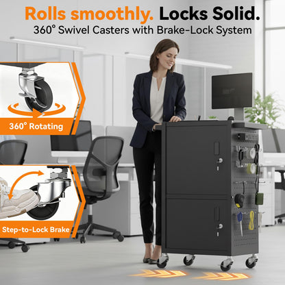 Jasdego Mobile AV Cart - Heavy Duty Computer Cart with 2 Cabinets, Rolling Media Cart with 4 Outlets & Pegboard & Hooks, Lock Brake Wheels Mobile Computer Workstation, Perfect for Home or Office