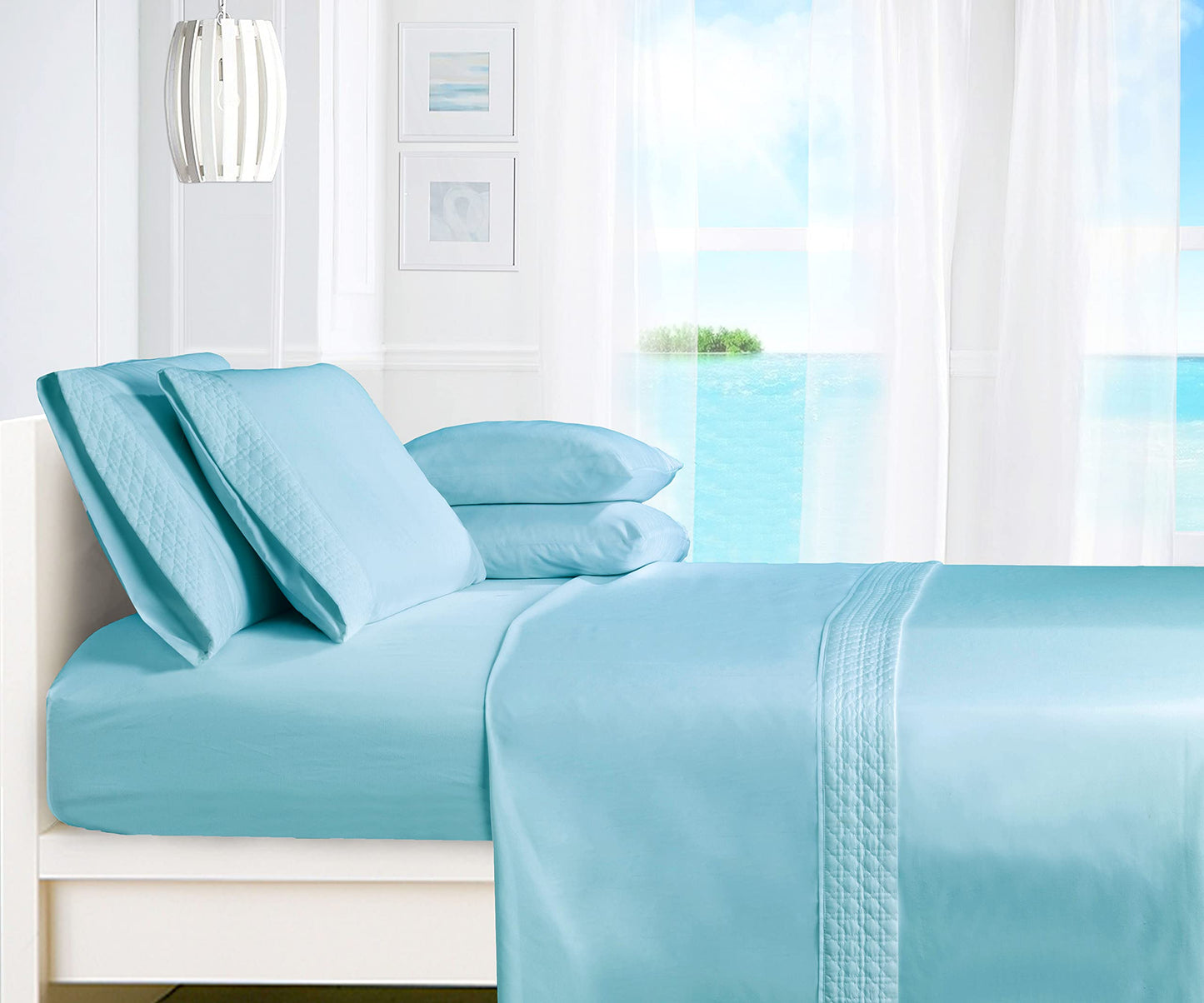 Elegant Comfort Luxury Soft Coziest 4-Piece Bed Sheet Set 1500 Thread Count Egyptian Quality Microfiber Wrinkle Resistant Beautiful Quilted Design on Flat Sheet and Pillowcases, King, Aqua