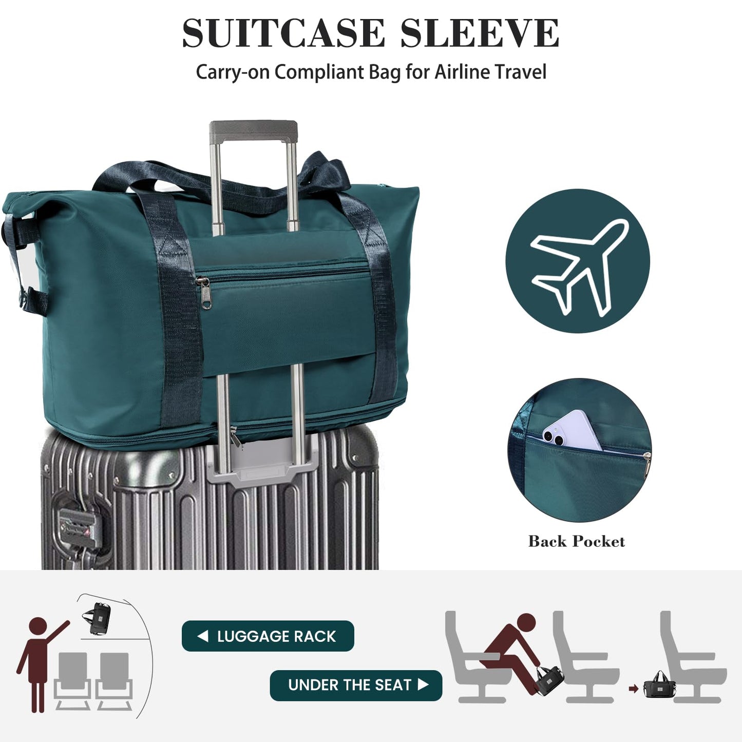 Travel Duffel Bag - Large Shoulder Weekender Overnight Bag, Carry on Bag with Wet Pocket, Waterproof Expandable Duffel Bag with Trolley Sleeve, Sports Tote Gym Bag for Women, Peacock blue