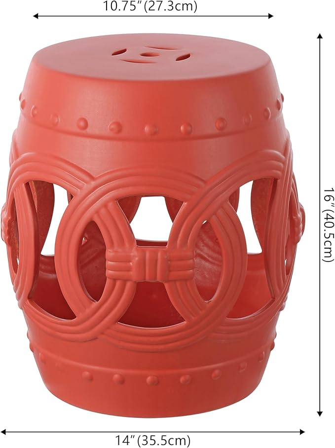 JONATHAN Y TBL1022G Lucky Coins 16" Chinese Ceramic Drum Indoor/Outdoor Garden Stool Bohemian, Coastal, Cottage, French Country, Traditional, for Living Room, Garden Room, Patio, Matte Coral