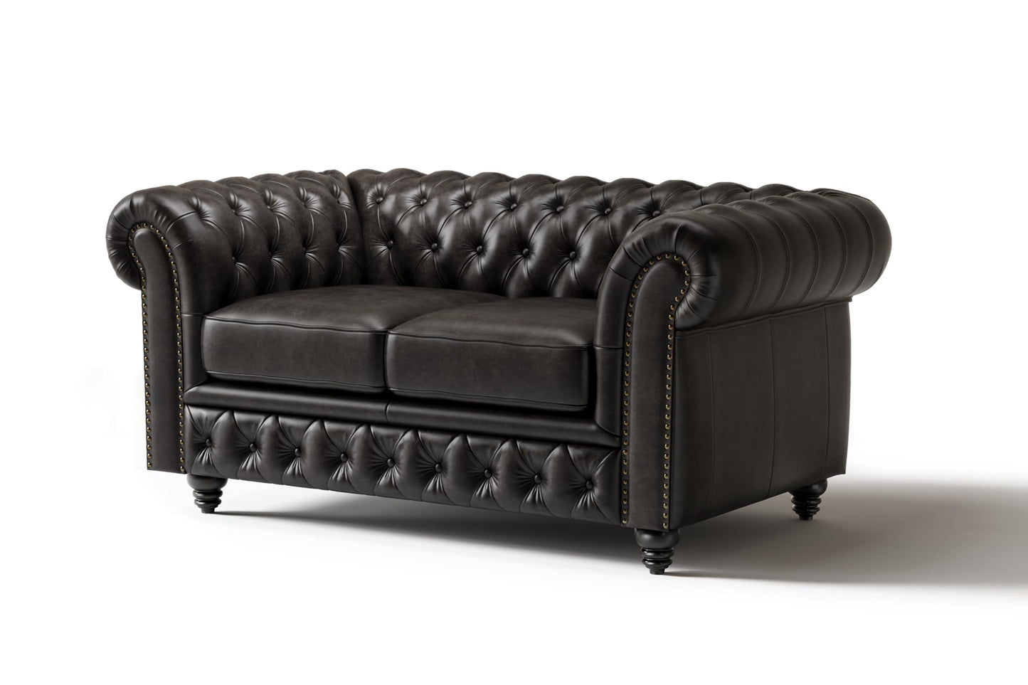 Valencia Parma Chesterfield Loveseat 64" | Premium Leather | Mid-Century Accent Chair with Classic Button Tufted Back and Wood Legs for Living Room, Black