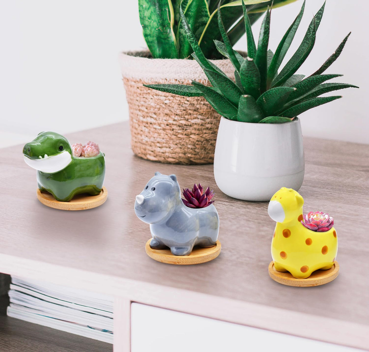 6 Pack Animal Ceramic Succulent Pots with Drainage – Mini Jungle Planters with Bamboo Trays for Indoor Plants & Cactus, Cute Flower Pots for Desk, Office, Home Decor, Gift for Kids & Plant Lovers