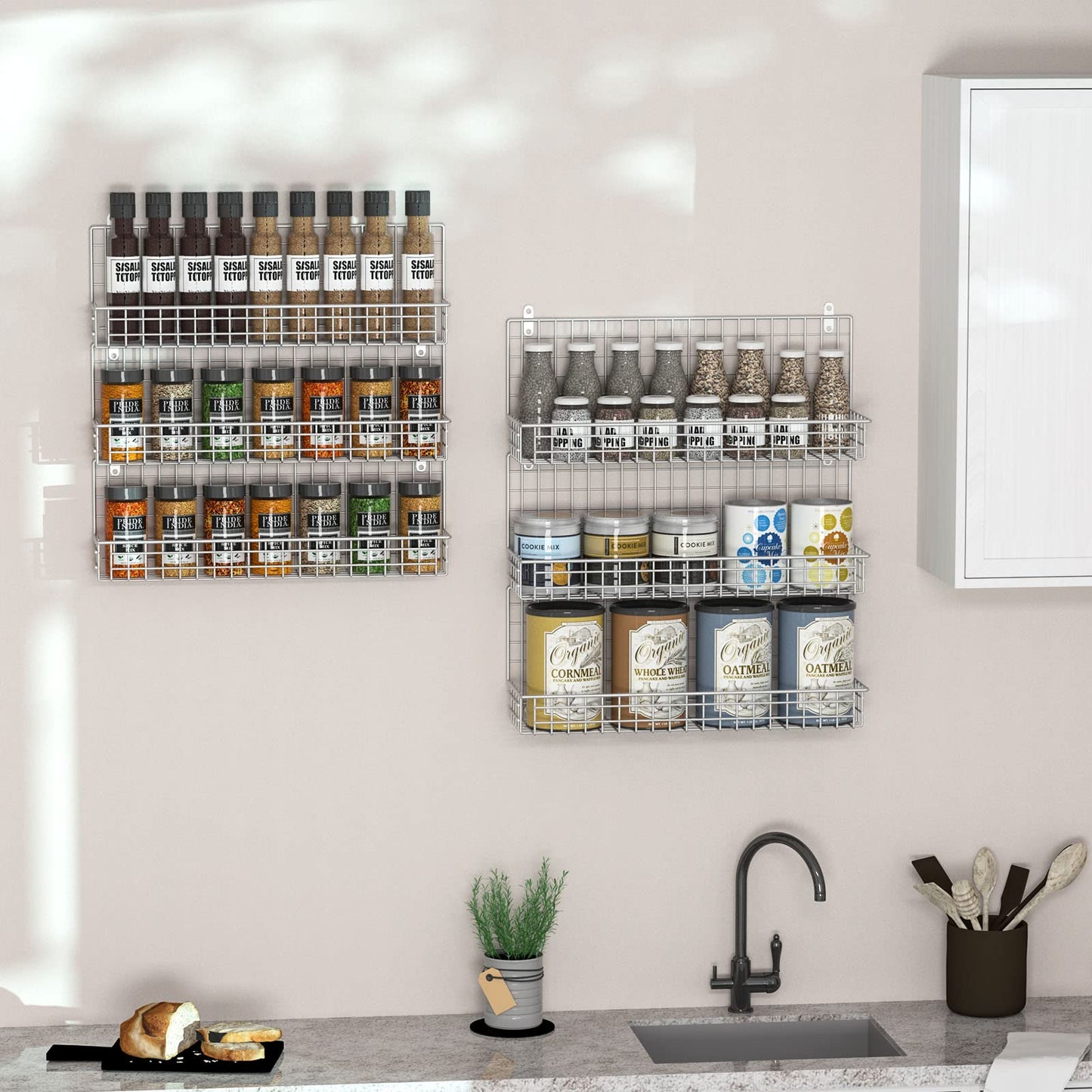 JKsmart 6-Tier Spice Rack Organizer with Door Hook, Wall Mounted & Over the Door Spice Racks for Kitchen Pantry Door Cabinet, Two Size, Large Capacity, Black