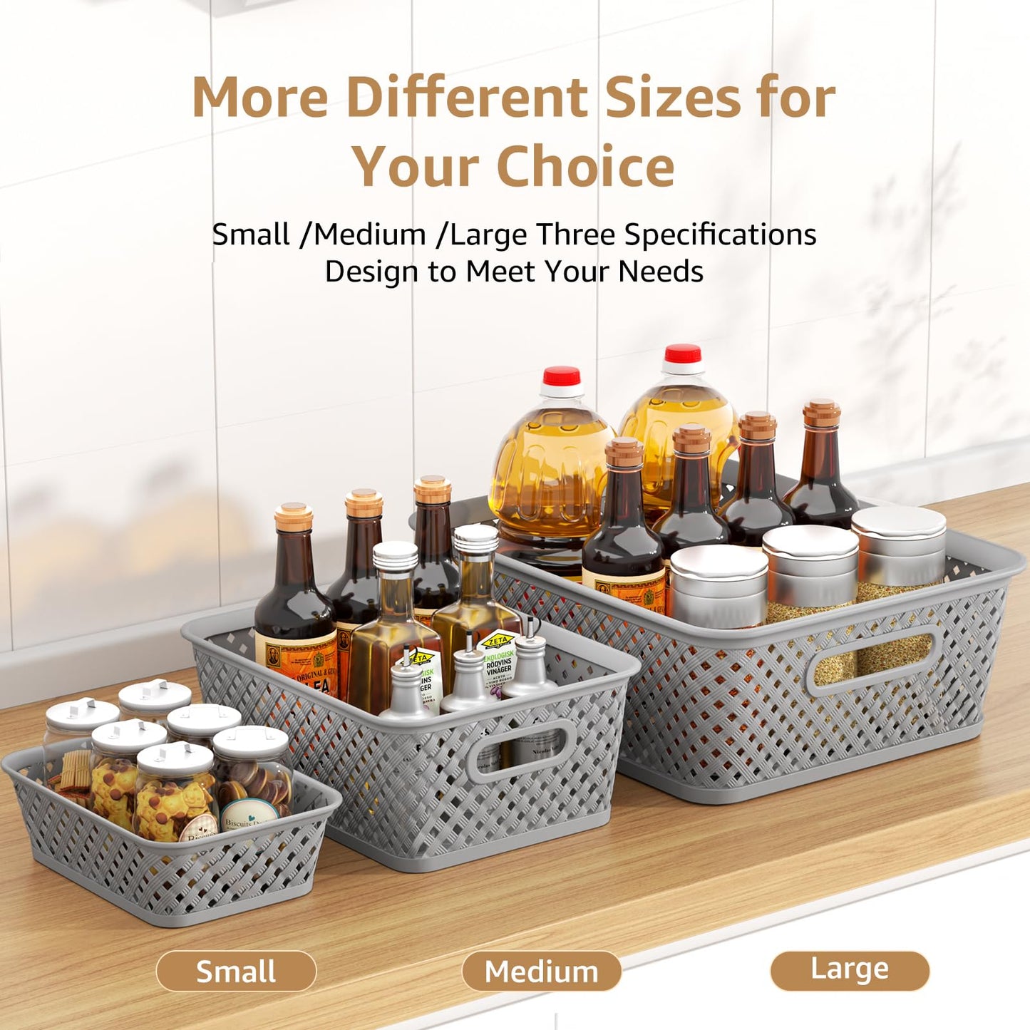 MaxGear 3 Pack Plastic Storage Baskets, Large, Grey